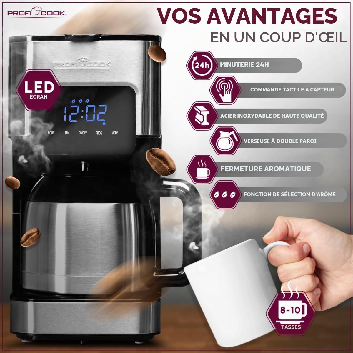 Profi Cook Machine à café avec thermos - avec minuterie pour un café frais le matin - Thermos à double paroi avec fermeture aromatique, Machine à café filtre en acier inoxydable PC-KA 1191