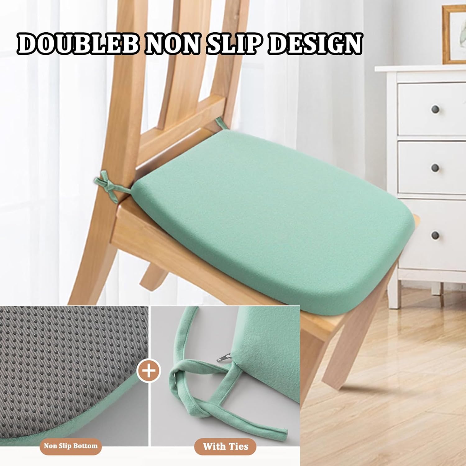 Kitchen Chair Cushions Set of 1 2 4 6 Non Slip, Memory Foam Chair Cushions for Dining Chairs 1 2 4 6 Pack with Ties, Chair Pads for Dining Room with Washable and Detachable Cover Ligh Grey 2pcs