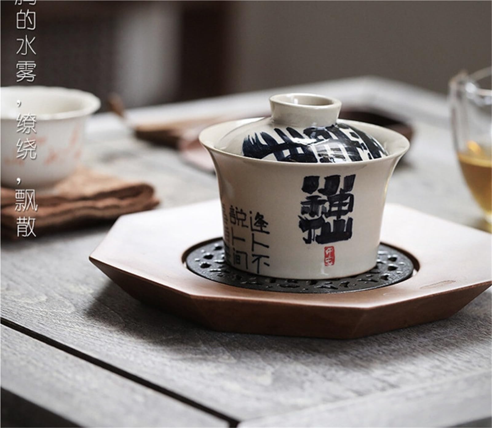 130 ml vintage odręcznie napisany mały nieśmiertelny Gaiwan retro trawa drewno szara herbata Tureen domowa pokrywa do robienia herbaty miska do herbaty rzemiosło