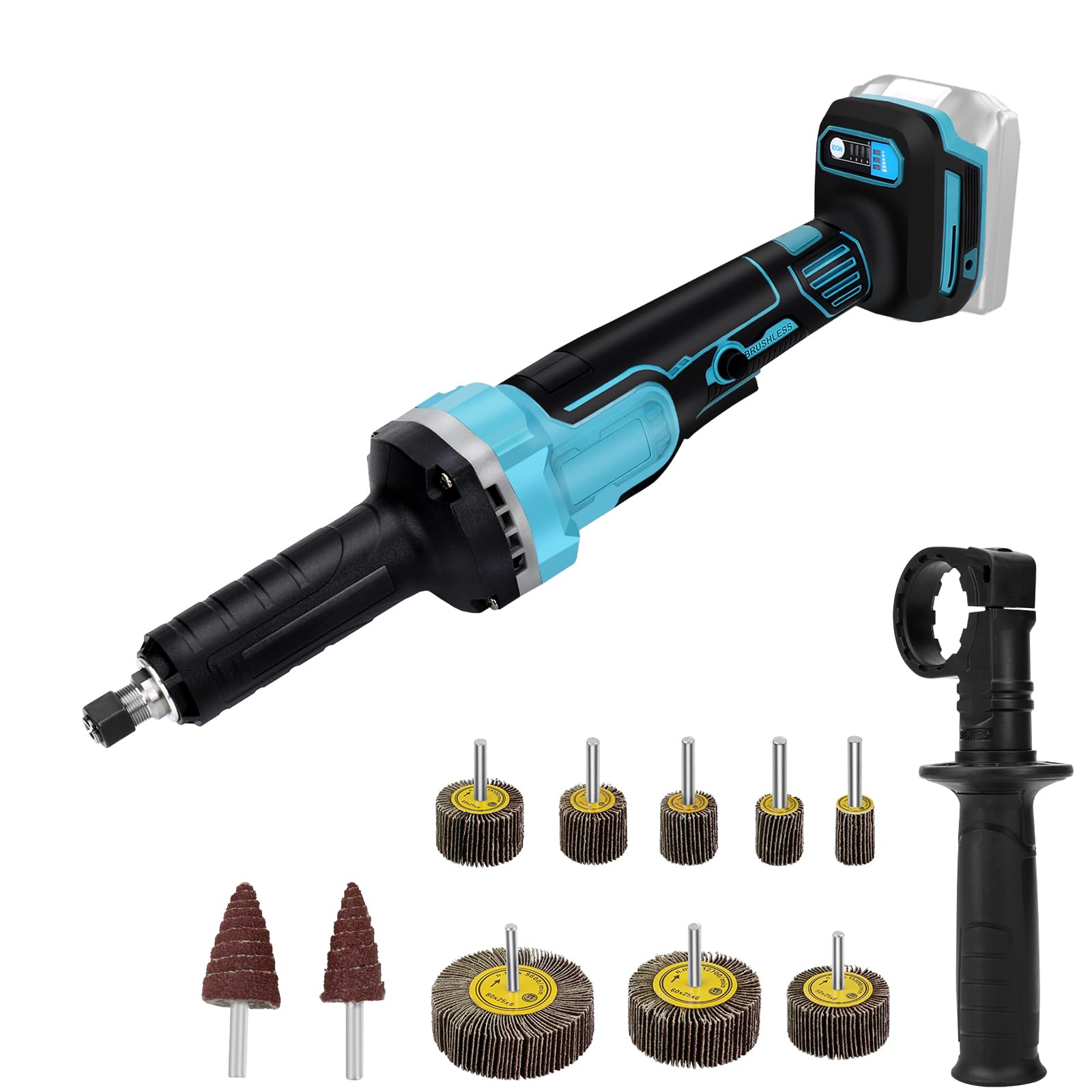 Lijadora recta con batería con 10 compartimentos, lijadora recta inalámbrica sin escobillas, compatible con batería Makita de 18 V con mango y portabrocas de 6 mm para grabar, lijar, pulir, taladrar