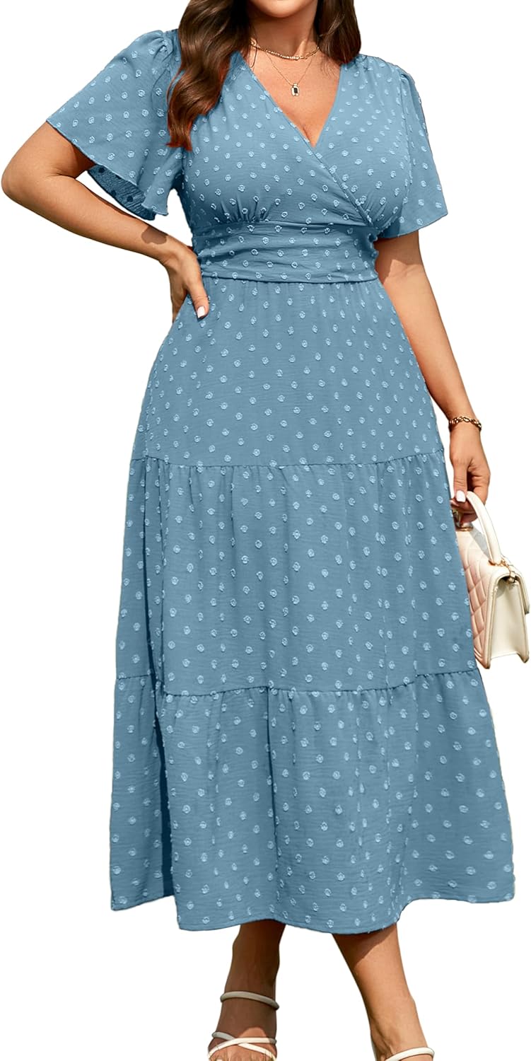 RWJ Women's Plus Size Wrap V Neck Dress Summer Short Sleeve Swiss Dot Empire Waist Casual Holiday Wedding Maxi Dresses