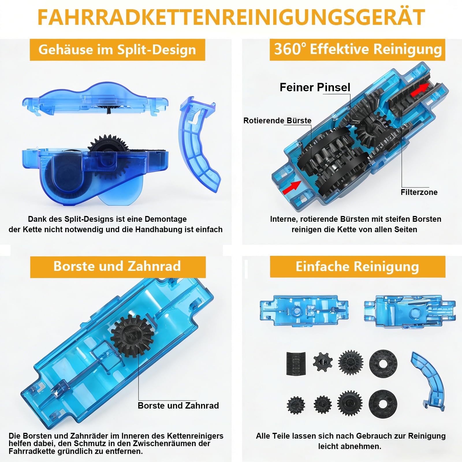 HOKYYCC Kettenreiniger Fahrradkette, 4 in 1 Fahrrad Kettenreiniger Set, Geeignet für alle kettenreinigungsgerät fahrrad, Fahrrad reinigungsset für Ketten Schnelles Sauberes - 4