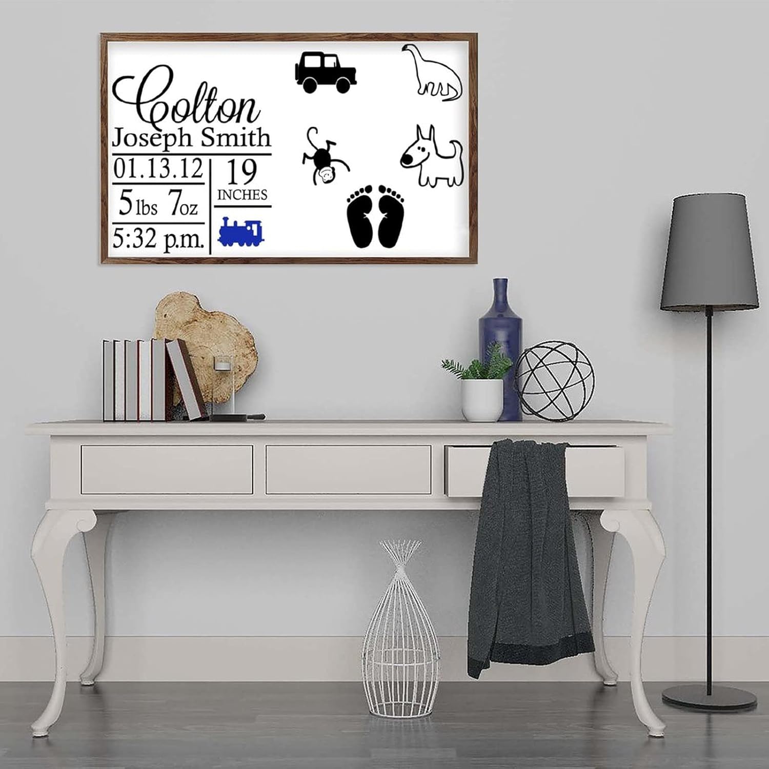 Wooden Framed Sign Wall Art Baby Boy Announcement Personalized Sign White-C5 33x55cm (13x22 Inch)