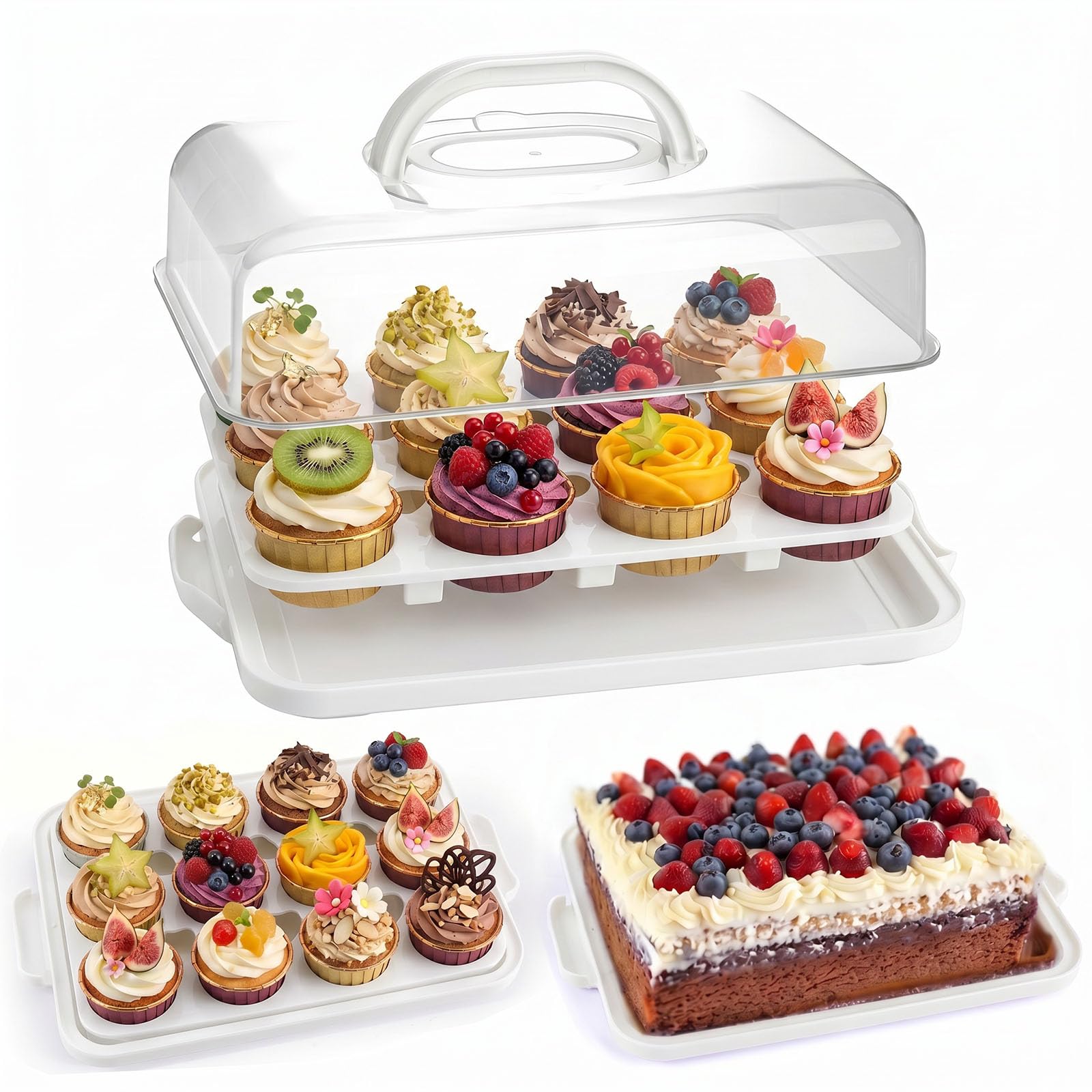 VGOODALL Cake Carrier with Lid and Handle, 12 Capacity Cupcake Carrier, 2-in-1 Rectangular Cupcake Holder for Pies Muffin Pizza Nuts Fruit, Dessert Storage Containers for Parties, Picnics, Baking