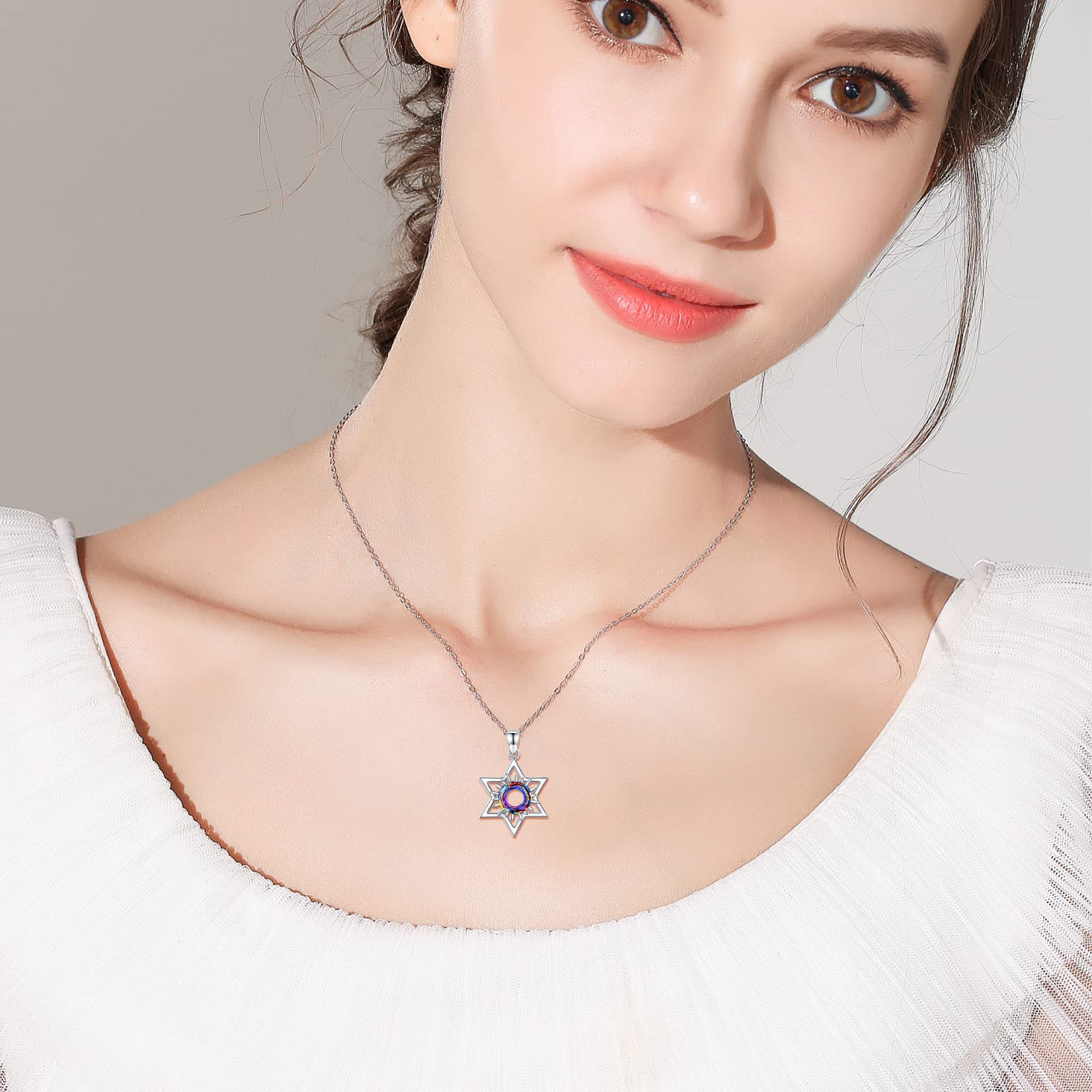 Collana con stella di David S925 in argento Sterling con ciondolo a forma di sole, collana di cristallo, gioielli Wiccan regalo per donne e ragazze, Argento sterling