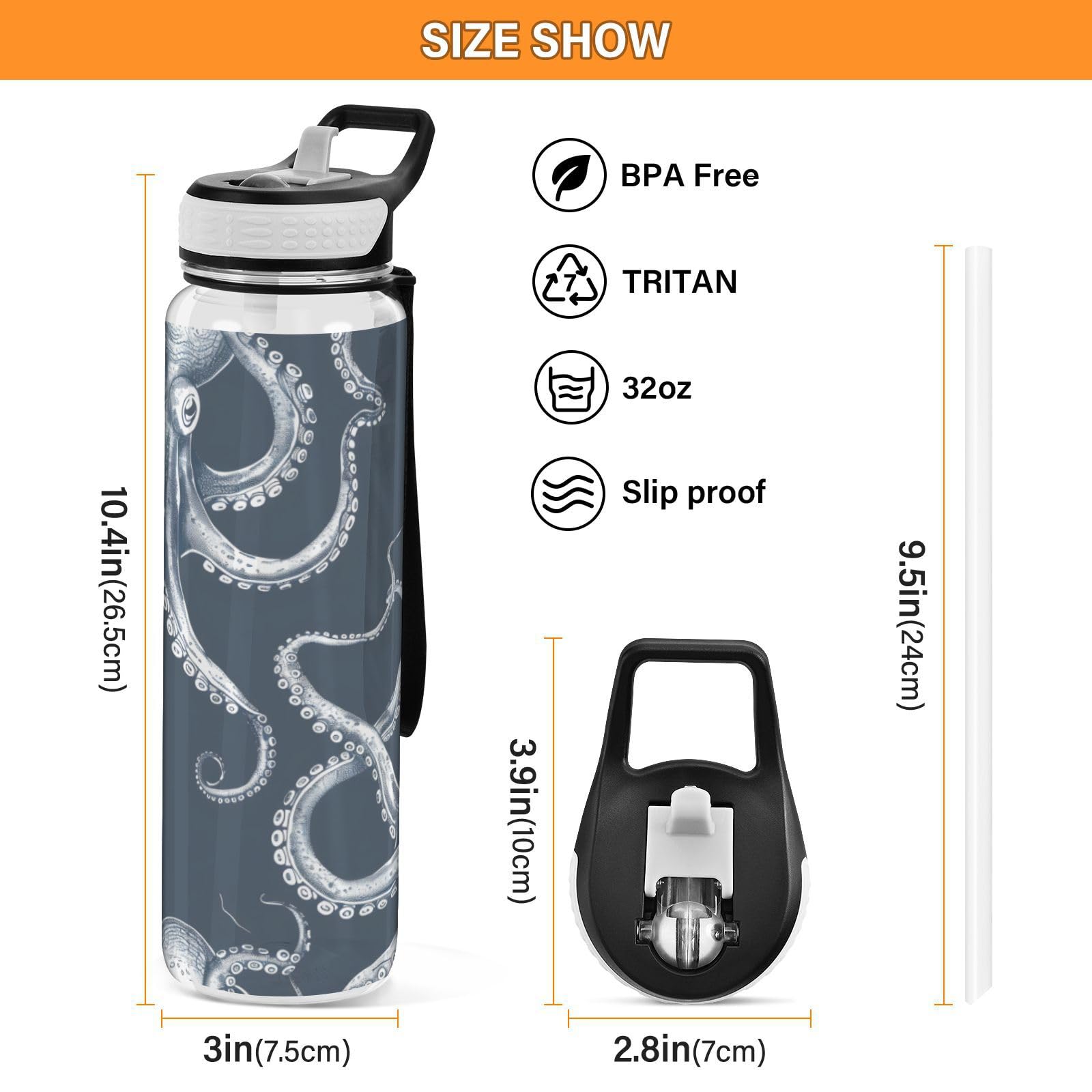 ALAZA Octopusfish Sport-Trinkflasche mit Strohhalm-Deckel, 900 ml, transparent, BPA-frei, Tritan-Kunststoff, auslaufsicher, großer Klappverschluss für Kinder, Jungen, Mädchen