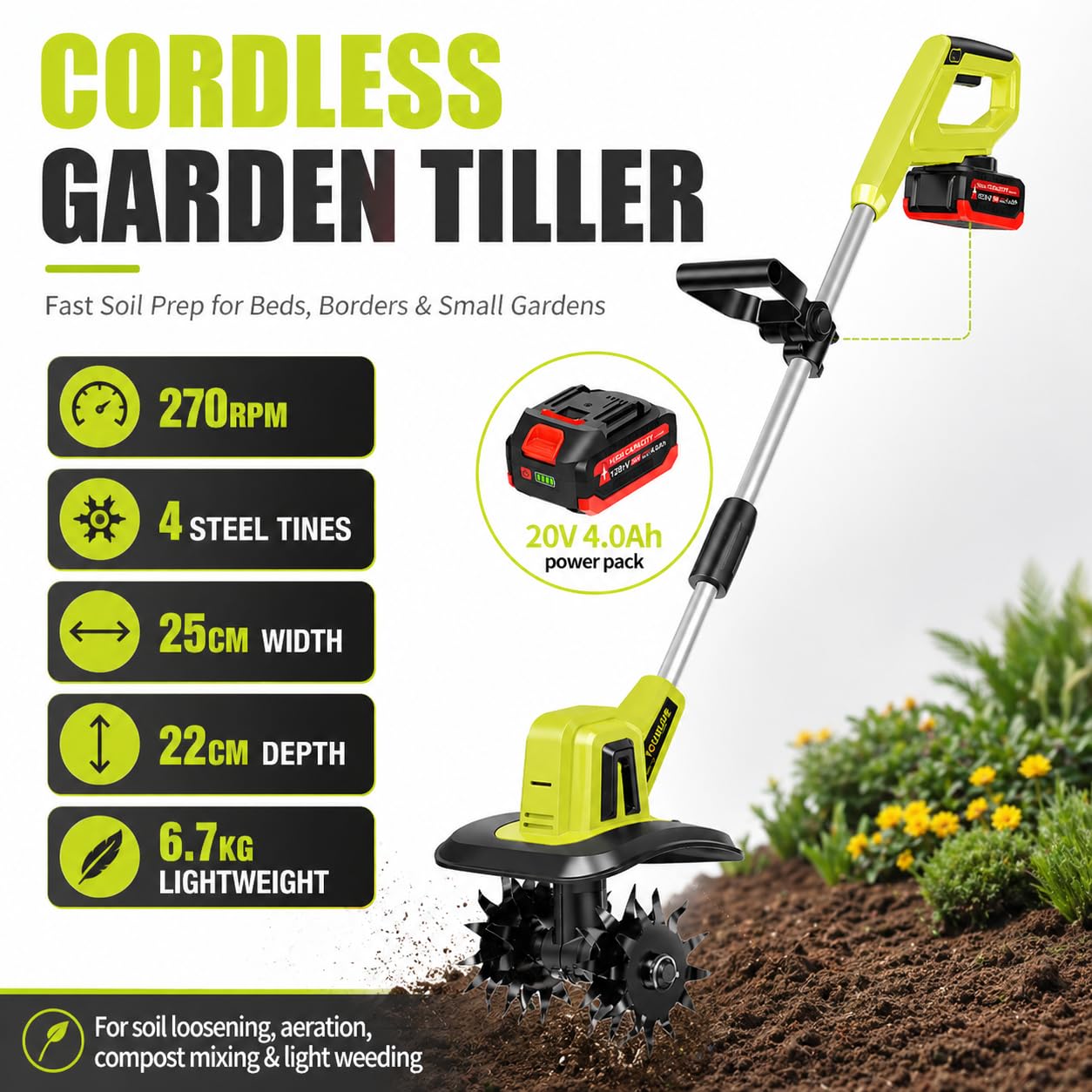 Cultivador Manual para Jardinería, Motoazada Eléctrica Inalámbrica con 4 Dientes de Acero, Ancho de 25 cm, Profundidad de 22 cm, Rotocultivador Ligero para Preparación y Aireación del Suelo