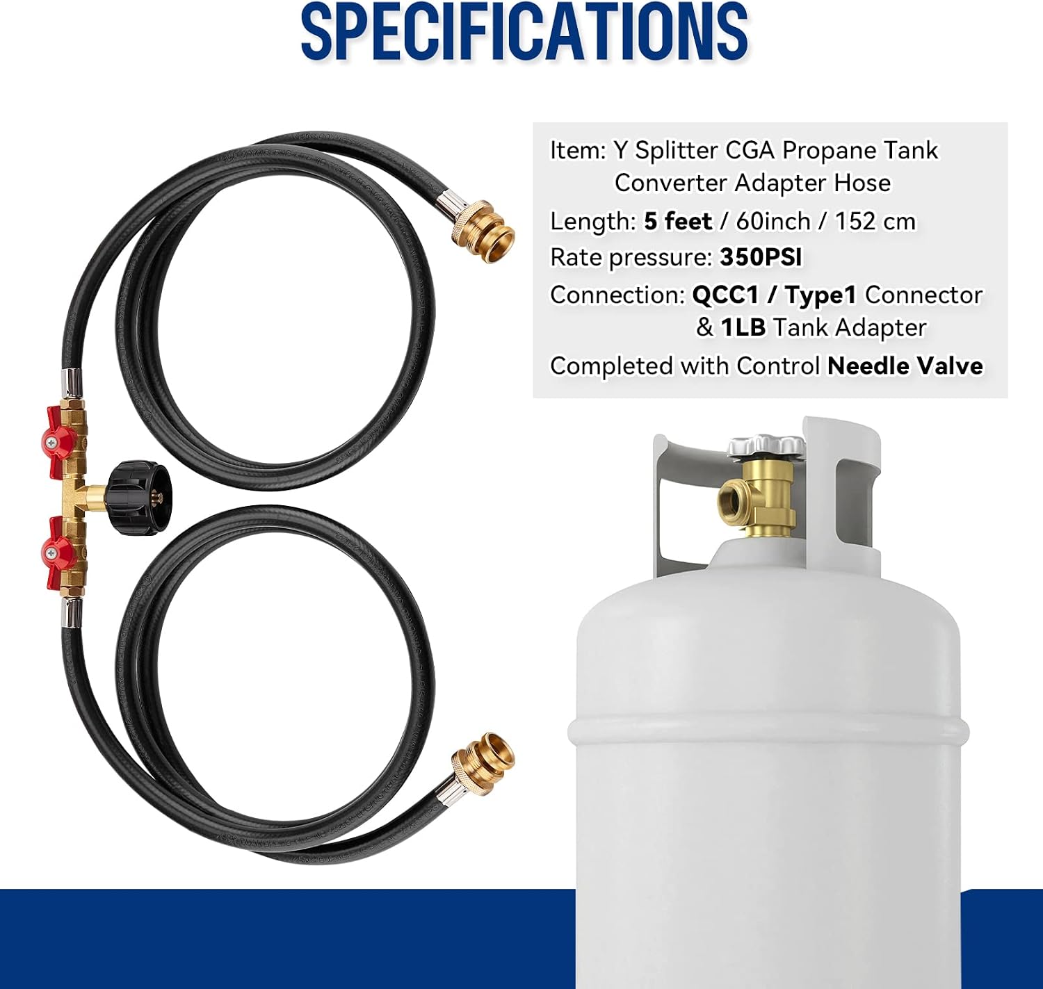 WADEO 5 FT Propane Splitter Hose, Propane Y Splitter 2 Way with Shut Off Valve, Propane Hose Adapter 1lb Portable Appliance to QCC1/Type1 20lb Propane Tank for Gas Grill, Heater, Fire Pit, 350PSI