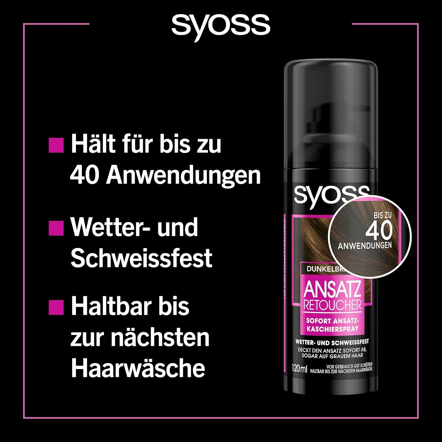 Syoss Root Retoucher Korektor do Włosów w Spray'U, Ciemny Brąz, 120 ml