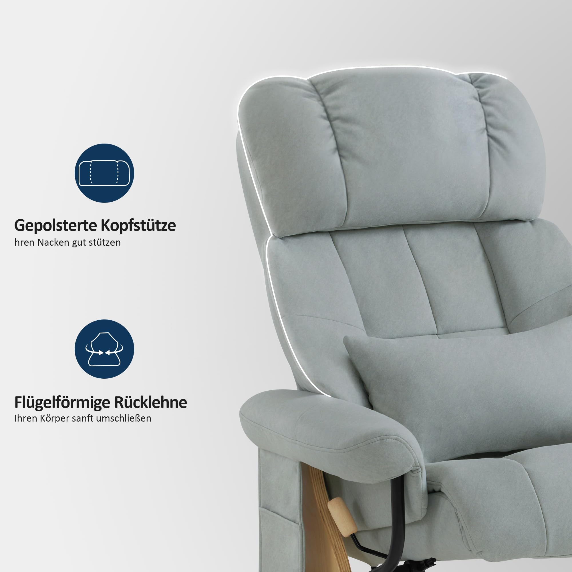 M MCombo Relaxsessel mit Hocker, Drehbare Fernsehsessel mit Liegefunktion, Moderner TV-Sessel Stuhl für Wohnzimmer, mit Kissen & Seitentasche, 9066 (Hellgrau-Mikrofaser)
