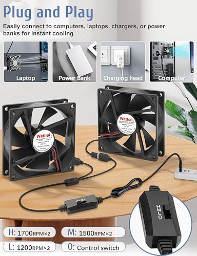 Miniatura 4 de Paquete de 2 ventiladores USB Wathai de 3.622 in x 0.984 in 3.543 in 5 V para receptor AV cabint consola de juegos PC portátil TV Box proyector