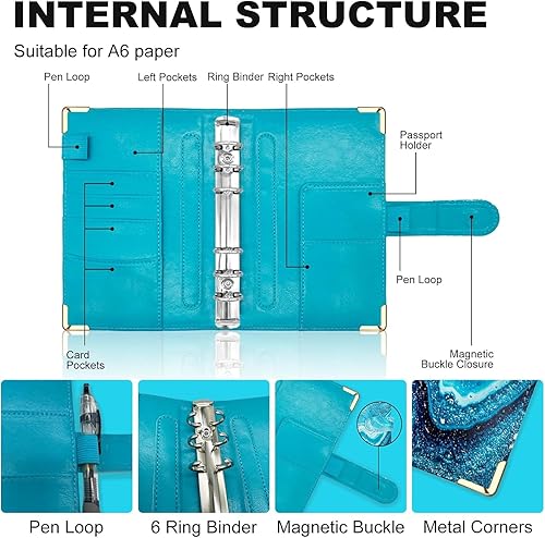 Miniatura 68 de Carpeta A5 recargable de piel sintética con 6 anillas, cubierta para cuaderno pequeño para papel de relleno A5, cubierta de planificador personal