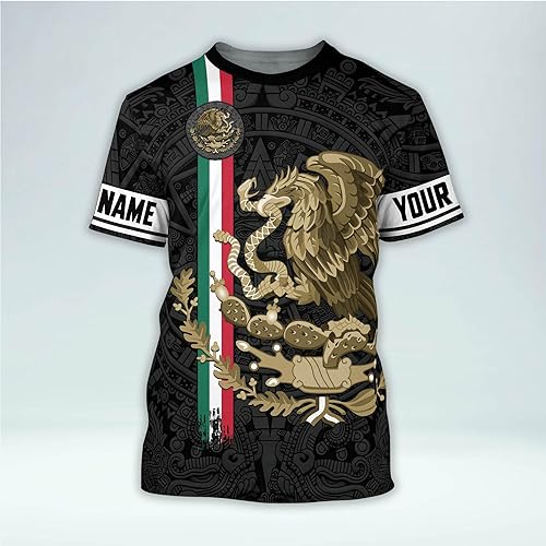 Miniatura 2 de Camiseta personalizada 3D de México para hombres con nombre, camiseta de manga corta con cuello redondo y bandera mexicana para hombre, camisas de