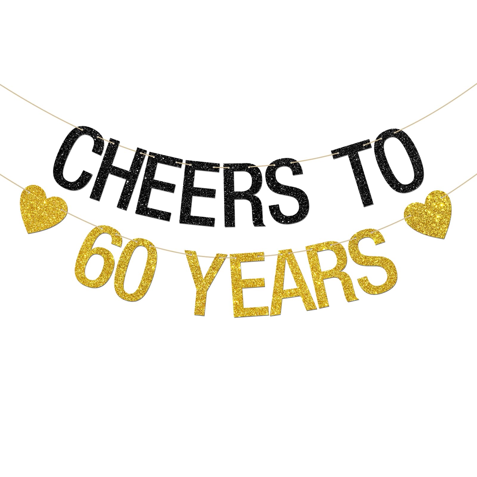 Cheers to 60 Years Banner, 60th Wedding Anniversary Party Hanging Bunting, Happy 60th Birthday Party Decoration Supplies, Gold Black Glitter