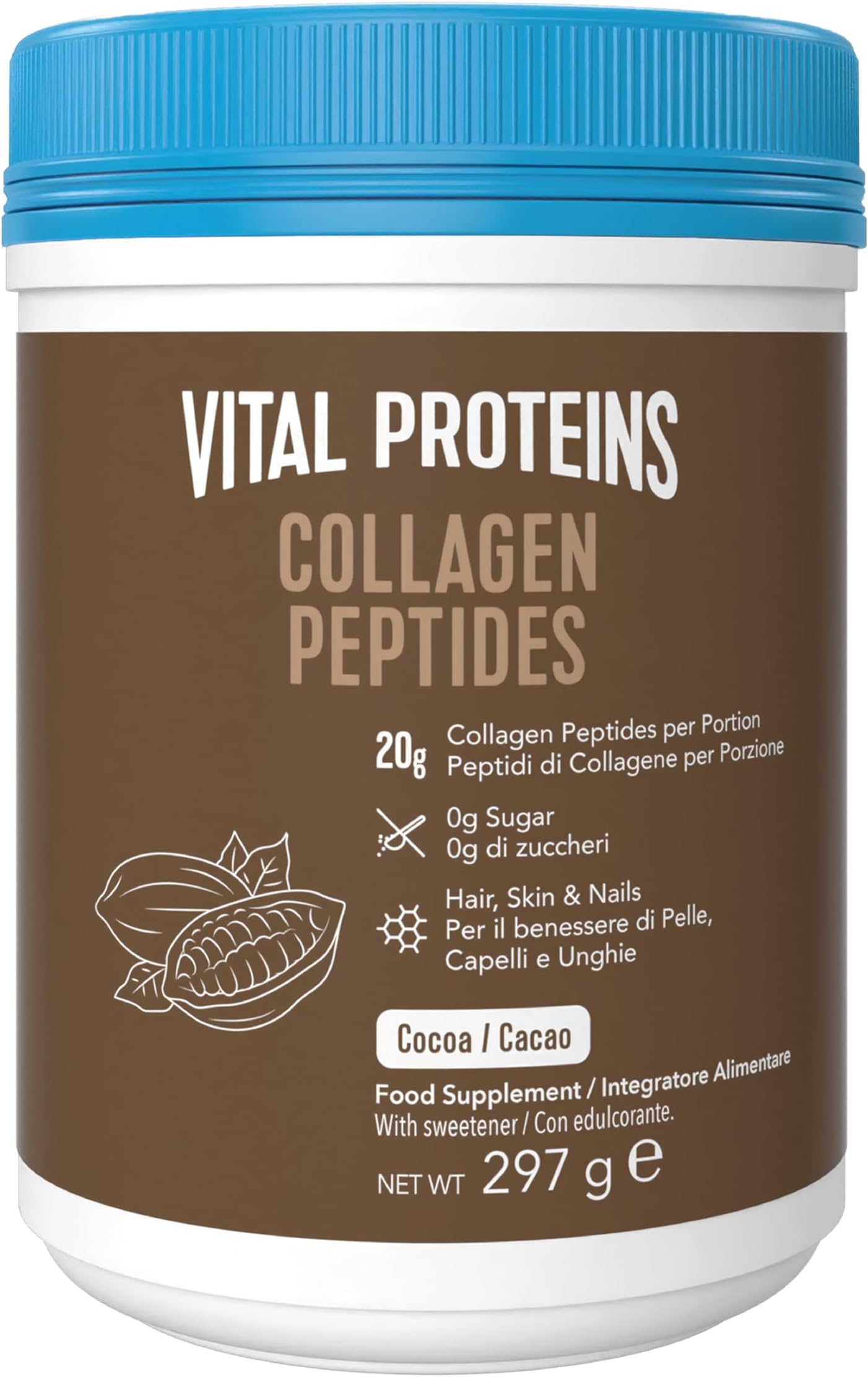 Vital Proteins Collagen Peptides Powder, Supplement (Type I, III), Cocoa Flavor, Hydrolyzed Collagen, for Skin Hair Nail Joint, Dairy and Gluten Free, 20g per Serving, 297g 1 Pack