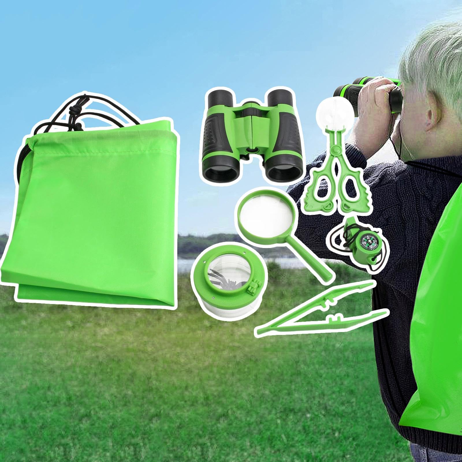 7 Pezzi Kit Avventura Binocolo Giocattolo Lente Ingrandimento Esplorazione Natura Bambini Resistente Adatto per Esplorazione Esterna Sviluppo Creativi, Verde