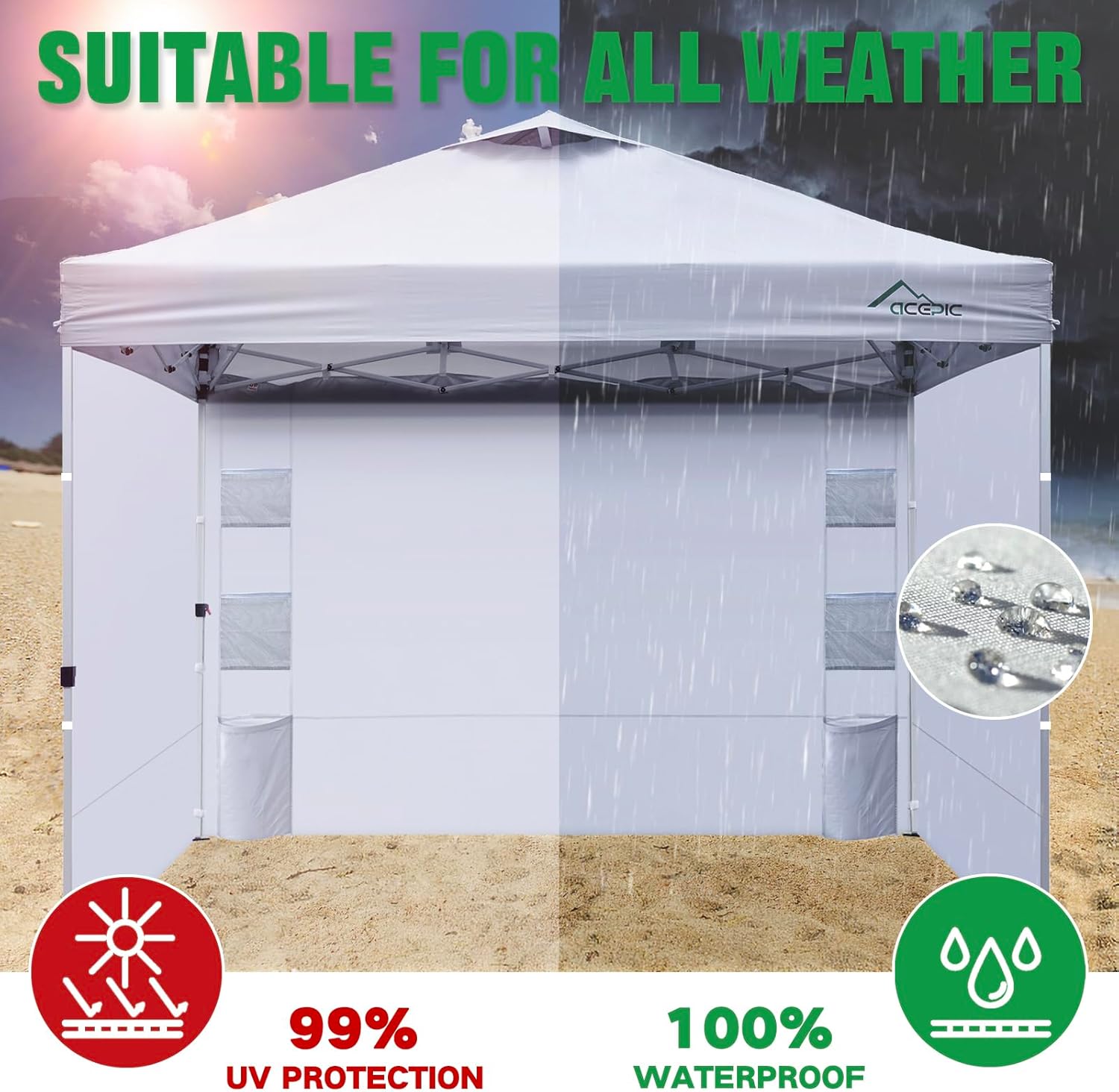 Instant Canopy Sidewalls 10x10 FT for Pop Up Canopy, Waterproof and UV Protection, 300D Polyester Canopy Walls with 6 Pockets, White/Silver(3PCS Sidewall Only, Canopy Tent NOT Included)