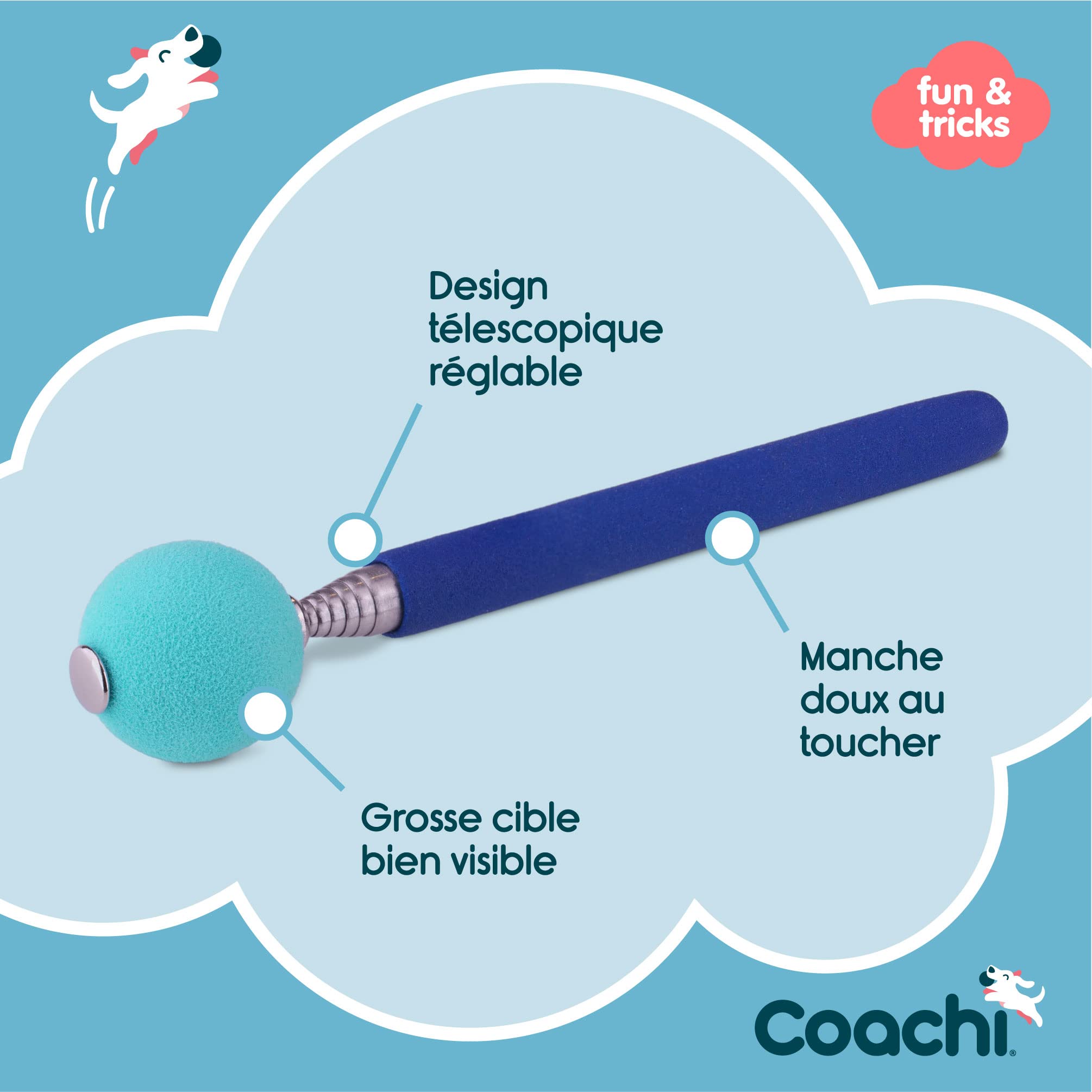 Target Stick Coachi, conception télescopique avec grande balle cible, accessoire pour chien pour le dressage au clicker et à l’agilité, apprentissage d’ordres et tours, adapté aux chiens et aux chiots