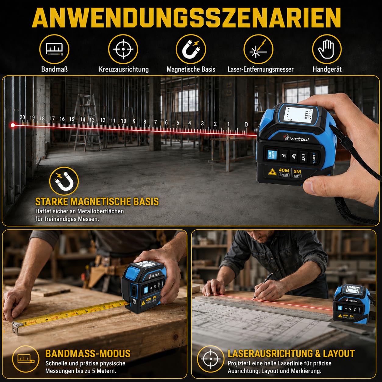 4-in-1 Laser Maßband 40m + 5m Bandmaß, Wiederaufladbarer Laser-Entfernungsmesser mit Wasserwaage und Kreuzlaser, IP54 Wasserdicht Digital Massband, für Heimwerker und Profis