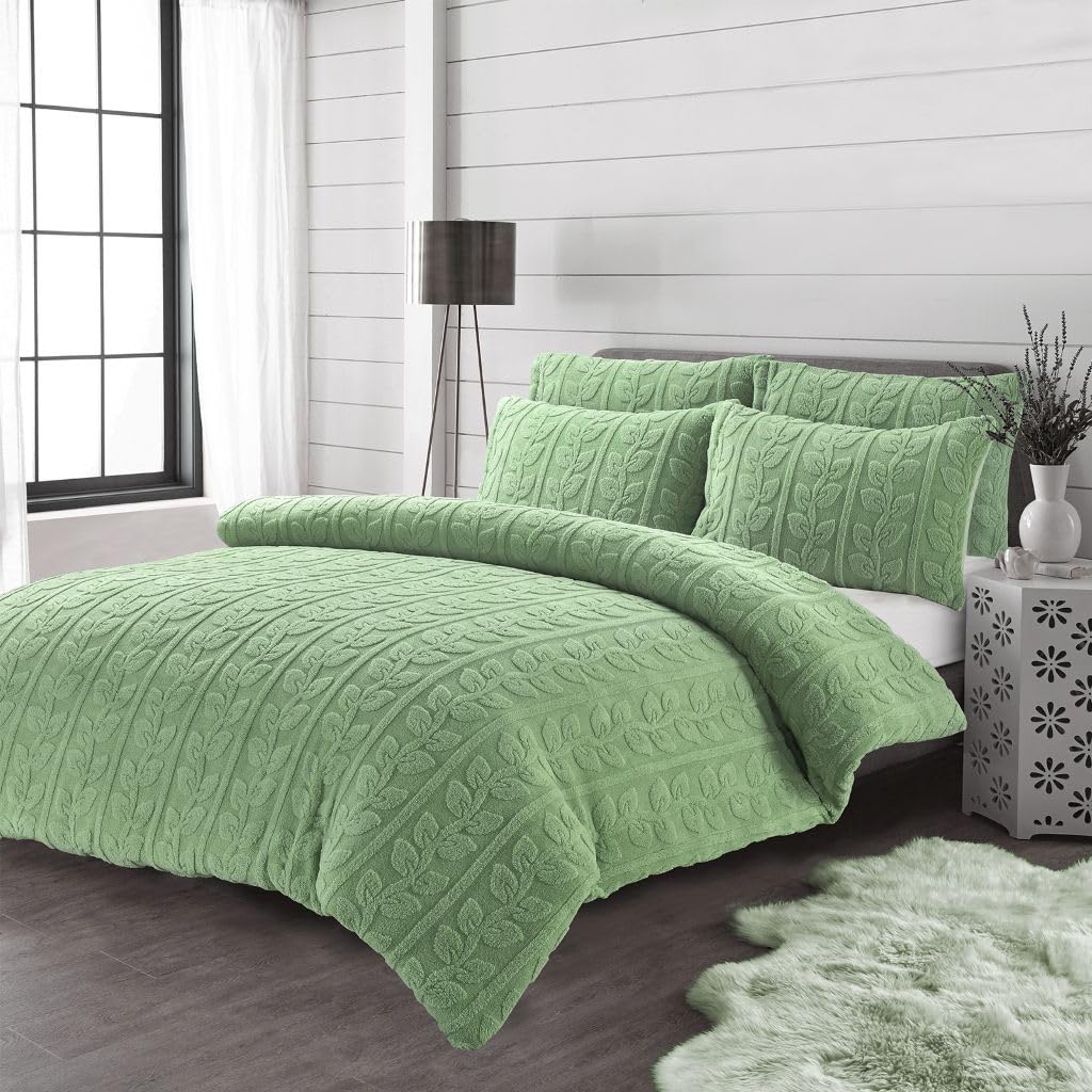 AMBERLINNEN Teddy Fleece Duvet Cover Set|Super Soft Leaf Pattern Quilt Cover|Cotton Polyester Blend|Modern Leaf Style| (Green, King: 230 x 220 cm)