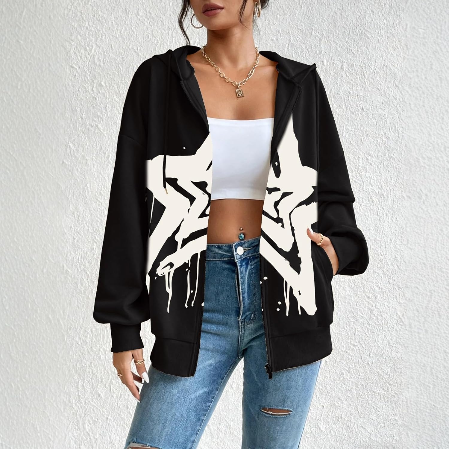 BINTEHGS Star Graphic Zip Up Hoodie for Women Y2k Oversized Hoodie with Zipper Grunge Aesthetic Hooded Streetwear Jacket - Image 4