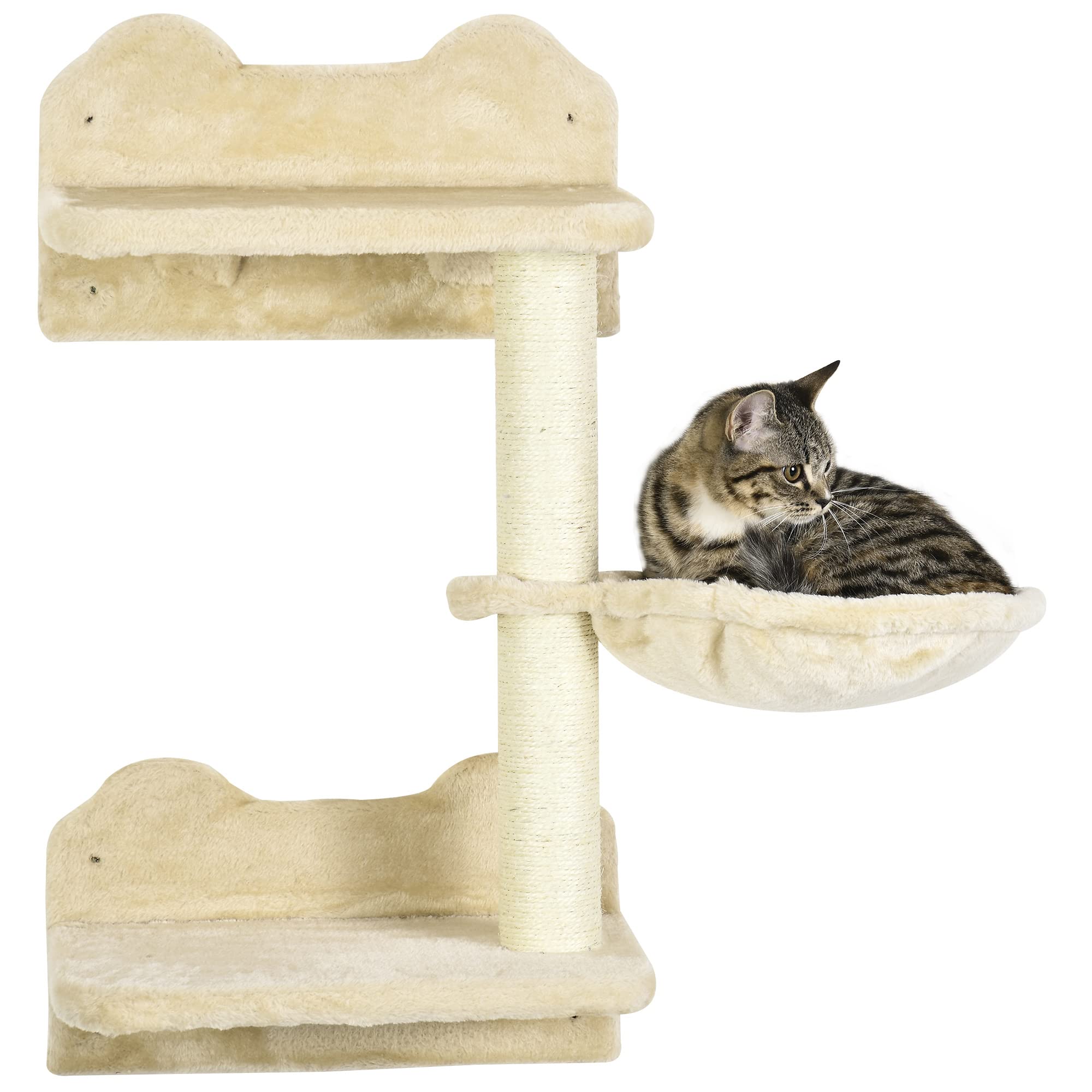 PawHut Kletterwand Katzen 4-teilig Set, bis zu 5 kg Beige+Cremeweiß | Katzen Kletterwand Set, mit Sprungturm, 3 Kratzbäume, Kratzbaum mit Hängematte, Wandkratzbaum, Wand Katzenmöbel Kletterpark