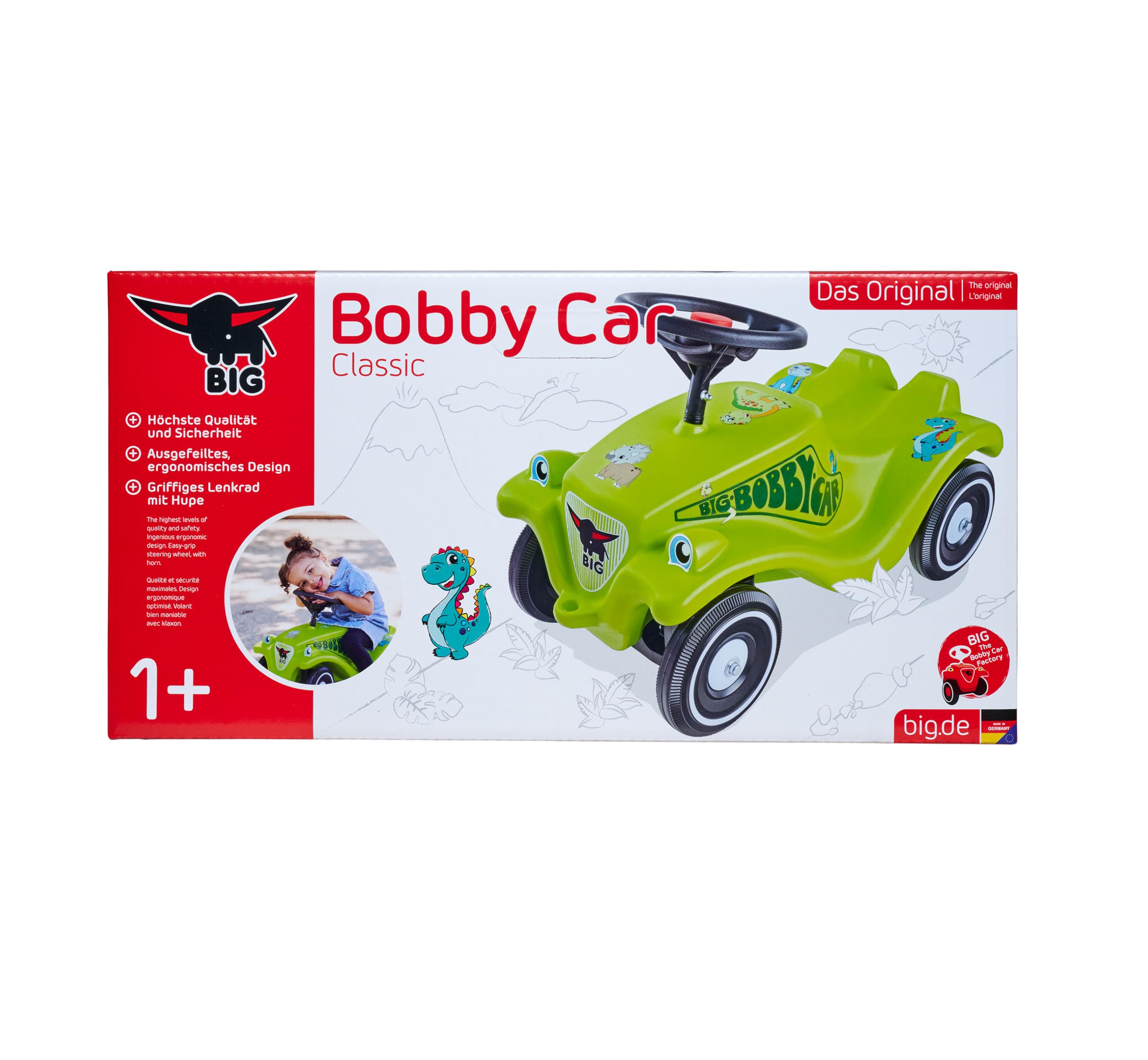 Big Bobby Car Classic Dino samochód od 1 roku w kolorowym wzornictwie z motywem dinozaura, z czarną kierownicą bezpieczeństwa i klaksonem, dla dzieci od 12 miesięcy (do 50 kg), zielony z naklejkami