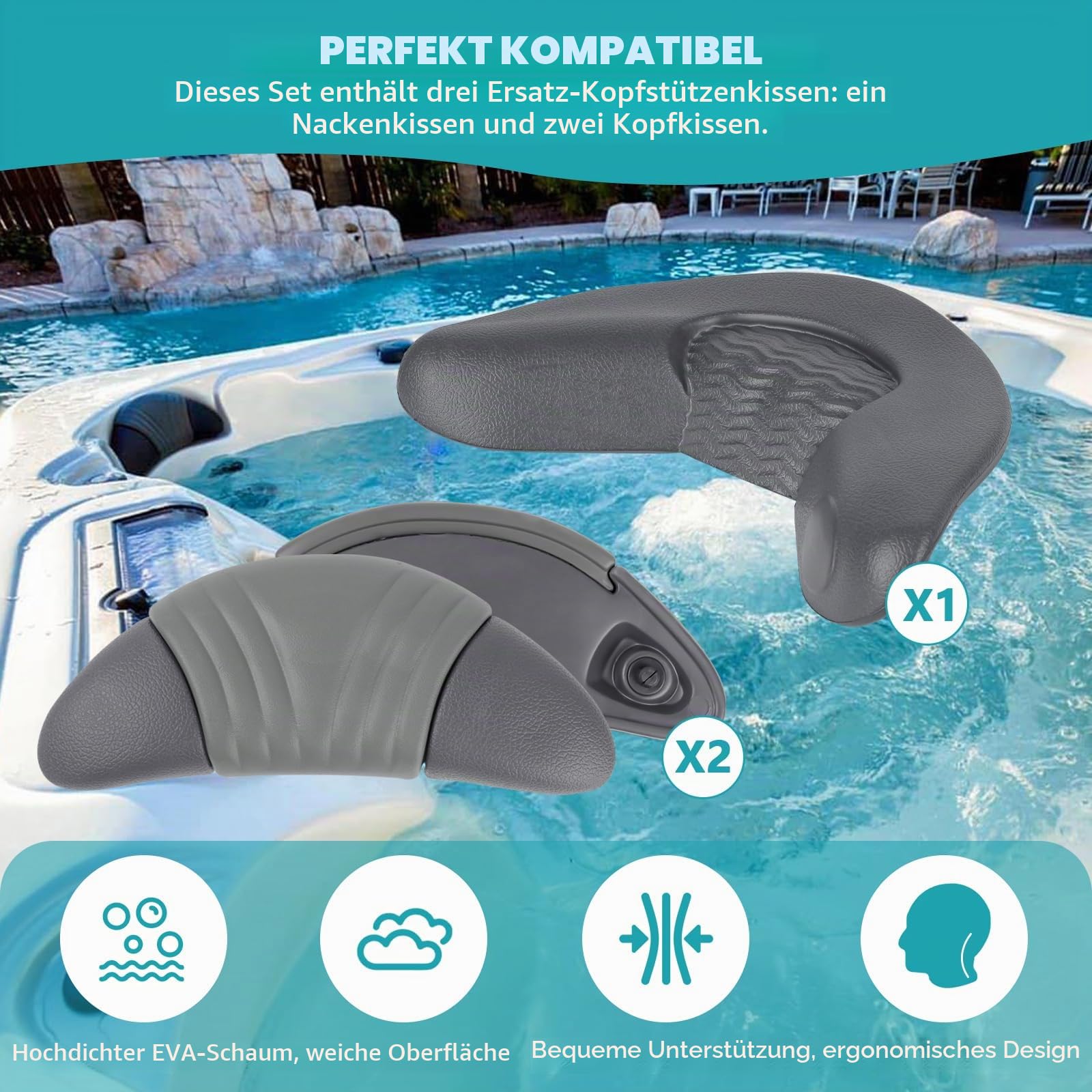 IWIWE Ersatz-Kopfstützenkissen, passend für Artesian Island Spas, Whirlpools und Tidal Fit Swim Spa (Dunkelgrau, 3er-Pack, enthält ein Nackenkissen und zwei Kopfkissen 26-1303-85)
