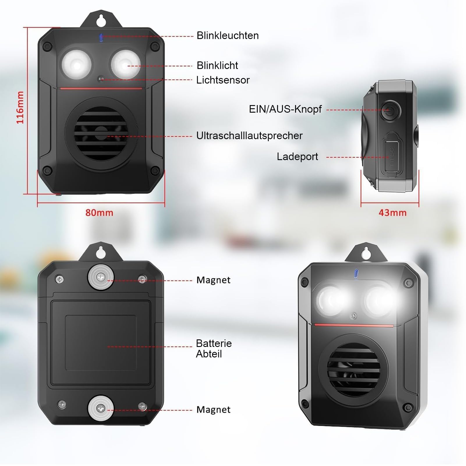 Repellente per martore ad ultrasuoni per auto, motore auto, repellente per martore, con luce flash con controllo sensore, per il giardino, efficace contro MäUse