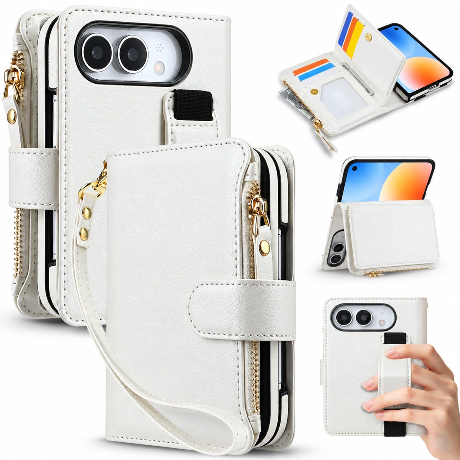 Wallet-Hülle für iPhone Duo, Kartenfächer, Reißverschlussfach - Weiß
