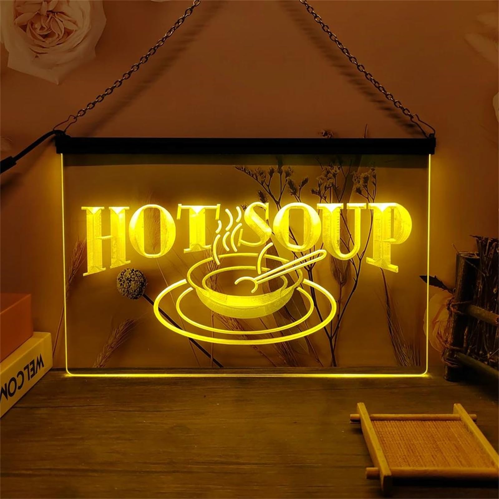 Zayeksole Hot Soup Neon Sign for Wall Decoration, RGB Remote Control Dimming USB LED Neon Sign for Restaurant,40x30cm