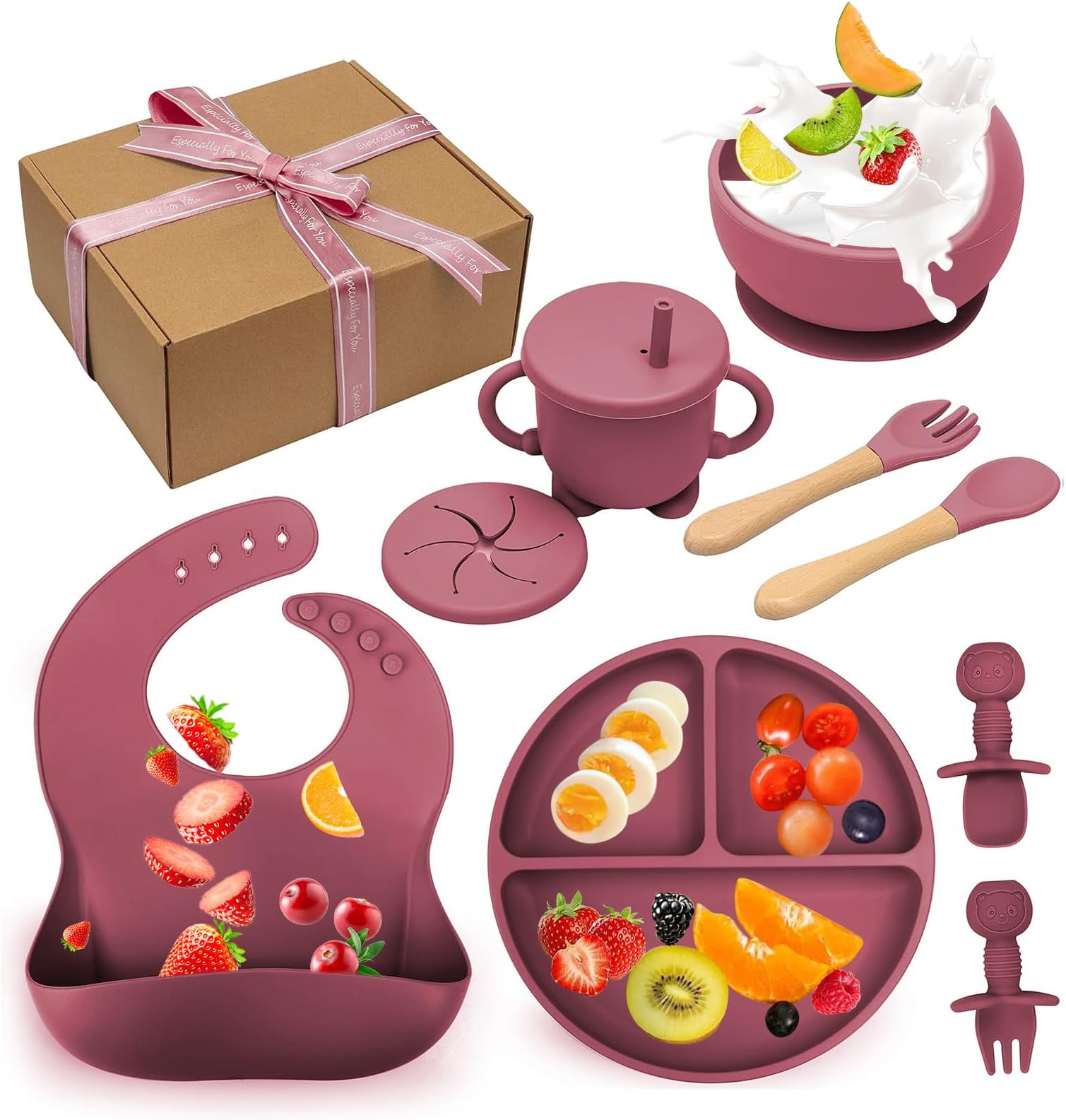 URbazaar Baby Led Weaning Feeding Supplies for Toddlers (10 Pieces),Silicone Baby Feeding Set | Suction Baby Bowl | Self Eating Utensils Set with Spoons, Bibs, Cup and Infant Suction Plate (Rose Pink)