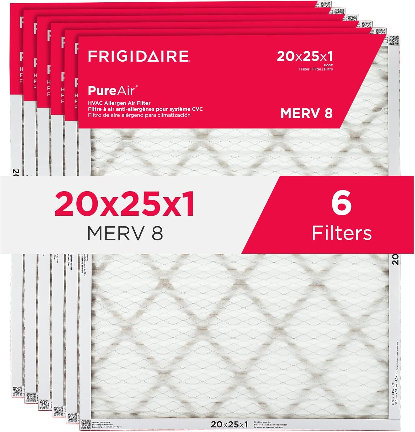 Frigidaire PureAir® 20x25x1 MERV 8 Allergen Electrostatic Pleated Air Conditioner HVAC AC Furnace Filters - 6 Pack (exact dimensions 19.81 X 24.81 X 0.81) 20 x 25 x 1 Merv 8 6 Pack