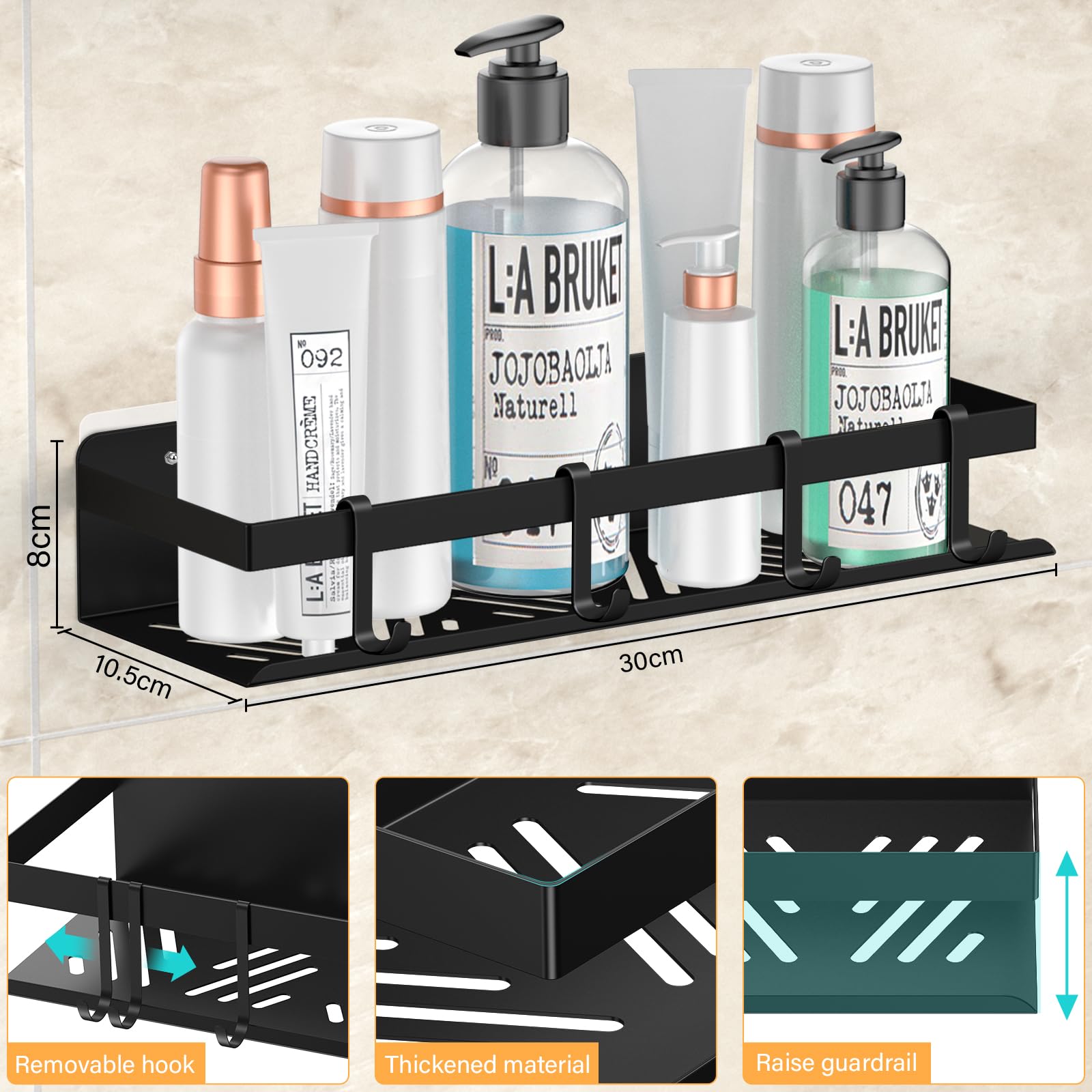 2 Pezzi Mensola Doccia senza Foratura, Mensole Bagno in Acciaio Inox con 4 Ganci, Portaoggetti Doccia, Porta Bagnoschiuma da Doccia per 2 Metodi di Installazione (Nero)