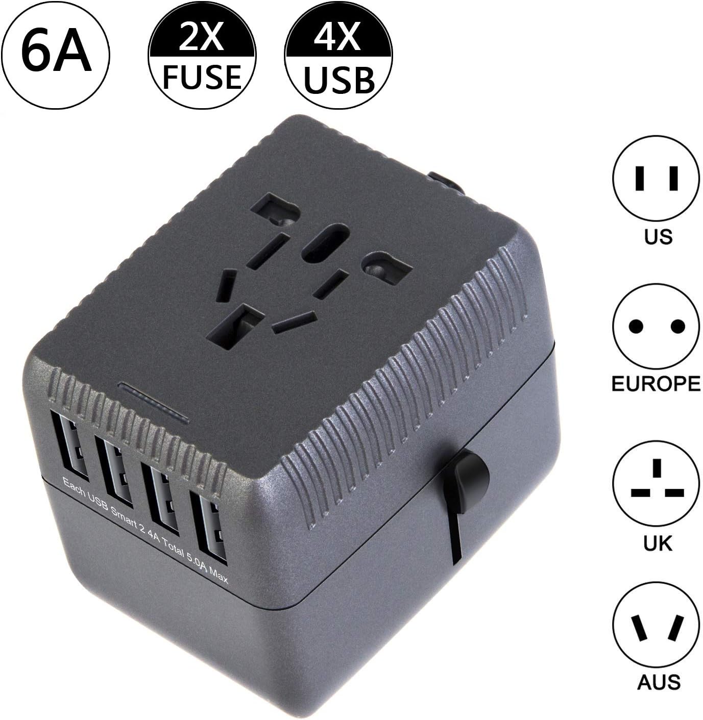 Travel Adapter, International Travel Universal Power Plug Adapter Worldwide Type C Type A Type G Type I All in One Plug Adapter with 4 Smart USB Ports for US UK AUS Asia Europe China Cell Phone