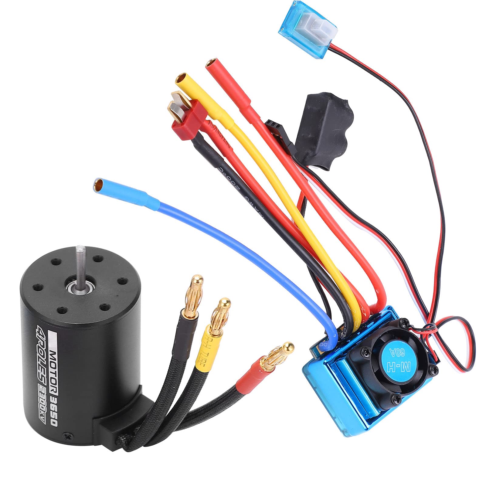 RC 3650 2300KV Motor Brushless Waterproof, 60A ESC Combo for 1/10 RC Car, 4 Poles High Torque 900W Motor with CNC Aluminum Heat Sink, Compatible with 2 - 3S LiPo
