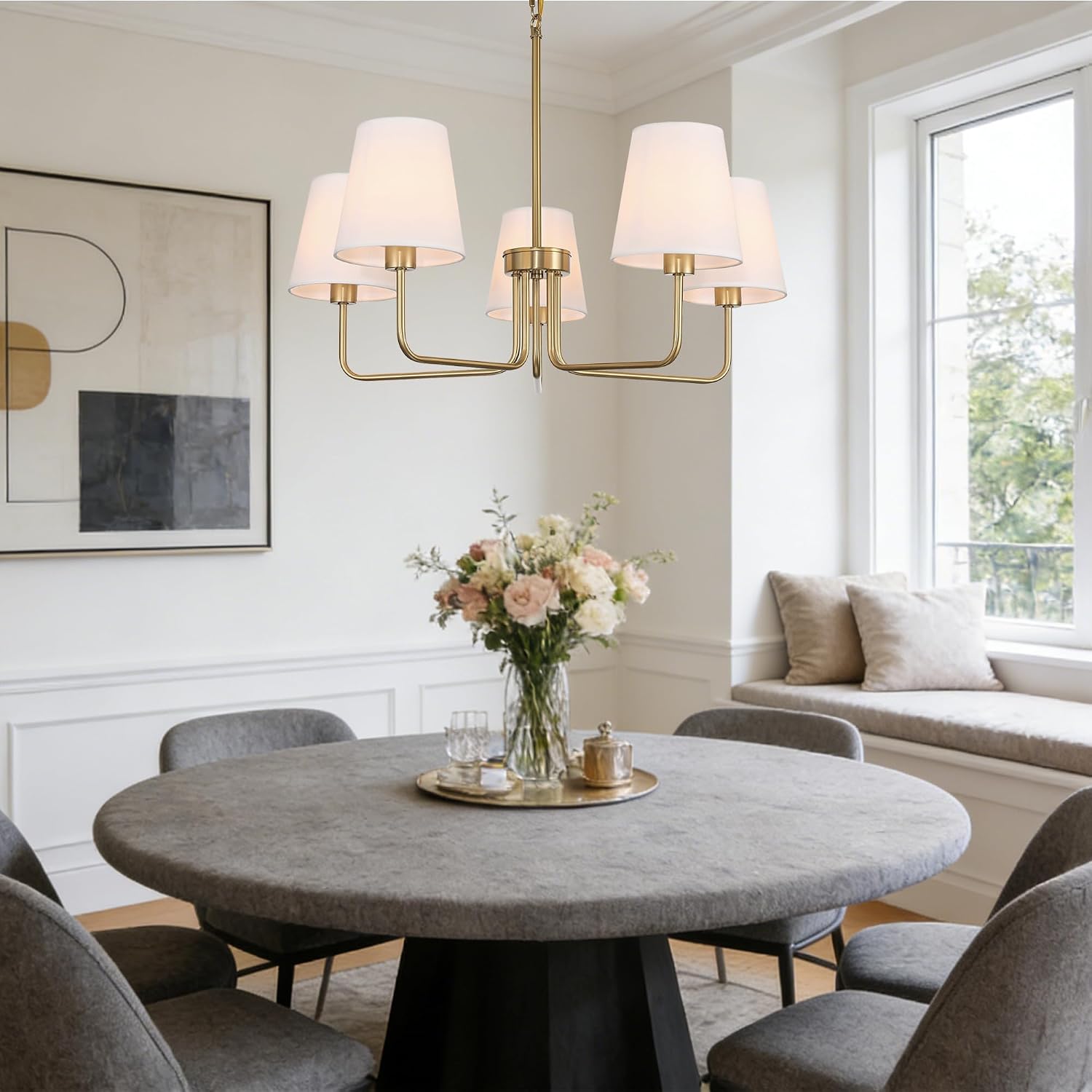 5-Lights Farmhouse Chandelier, Matte Gold Chandelier with White Fabric Shade, Height Adjustable Pendant Lights Linear Island Lighting Fixture for Kitchen, Living Room,Dining Room