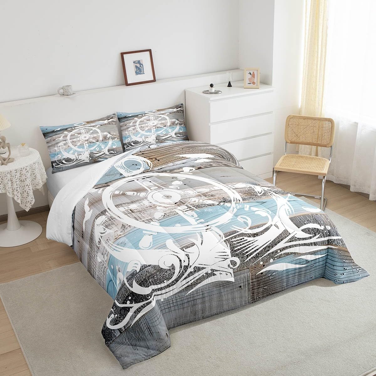 Erosebridal Nautical Anchor Comforter Set, Ocean Compass Bedding Set Queen Size for Kids Boys Teens Adult Bedroom, Old Barn Door Down Comforter Rustic Farmhouse Quilted Duvet with 2 Pillow Cases