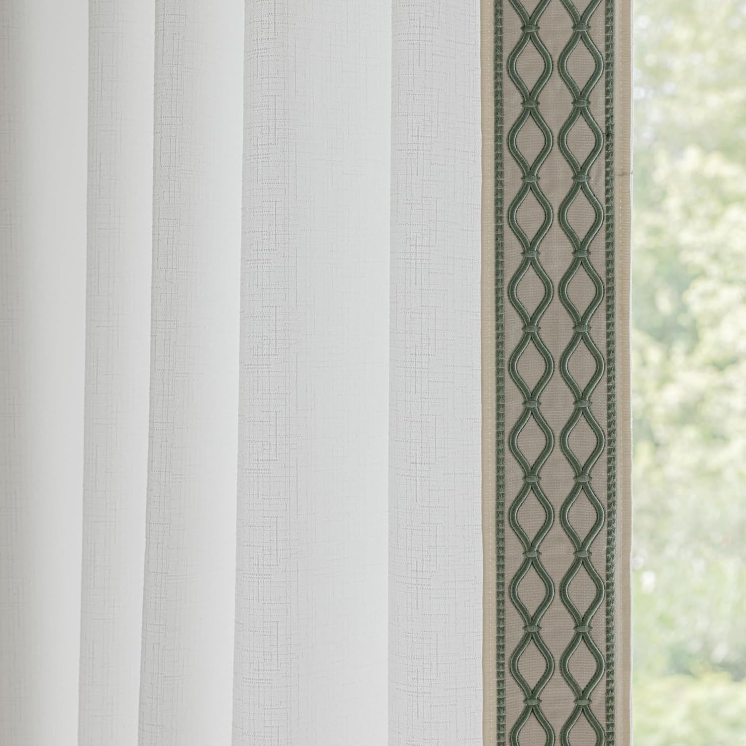 White Linen Curtain Panels with Embroidered Trim Design, Pinch Pleat Curtains, Semi-Sheer Curtains for Sliding Patio Doors Bedroom (2 Panels) (50W x 102L)