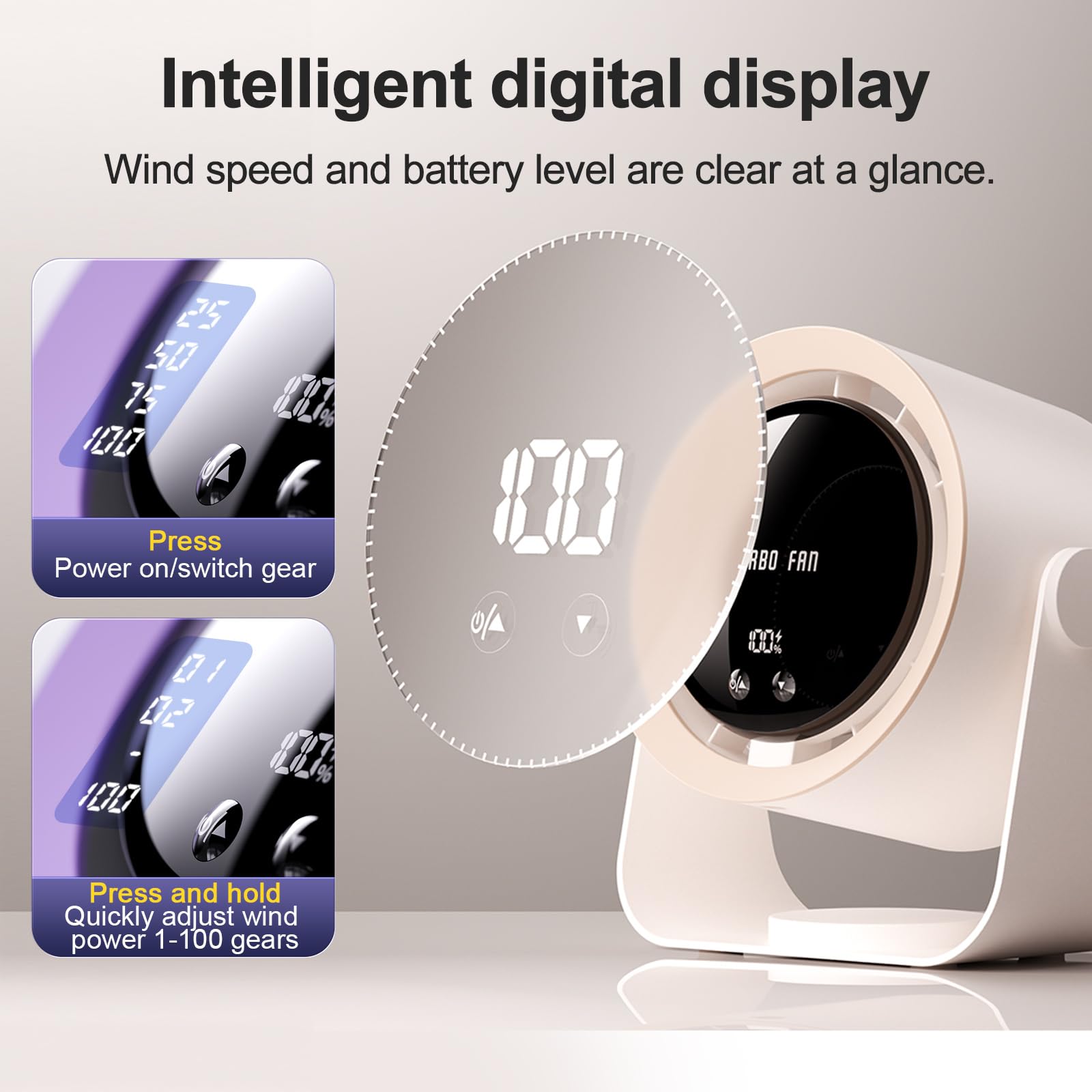 Ventilador de escritorio portátil recargable de 5400 mAh, ventilador de mesa ajustable de 100 velocidades con pantalla digital para dormitorio, comedor, sala de estar, hogar, oficina, al aire 4