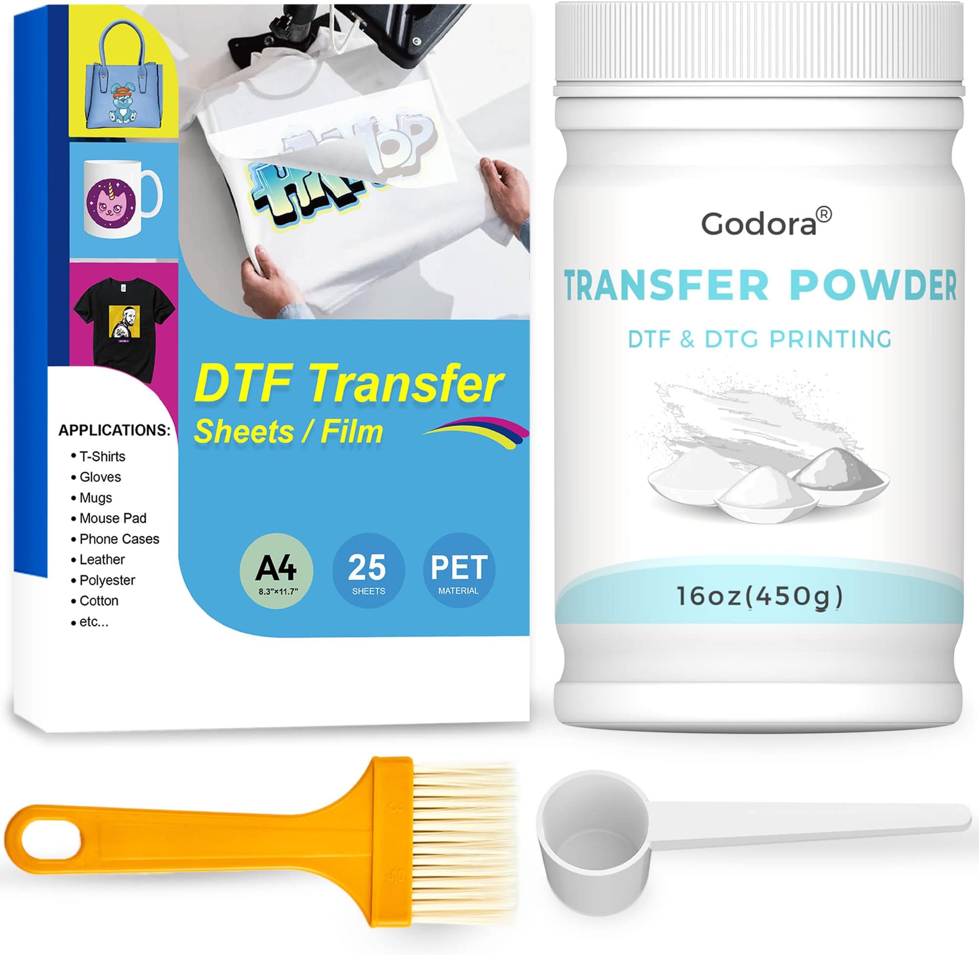 16 oz DTF Powder White Digital Transfer Hot Melt Adhesive and 25 Sheets A4 DTF Transfer Film (8.3 x 11.7 inches) for All DTF Printers and Materials (Textile, Polyester, Cotton, etc.) - by Godora
