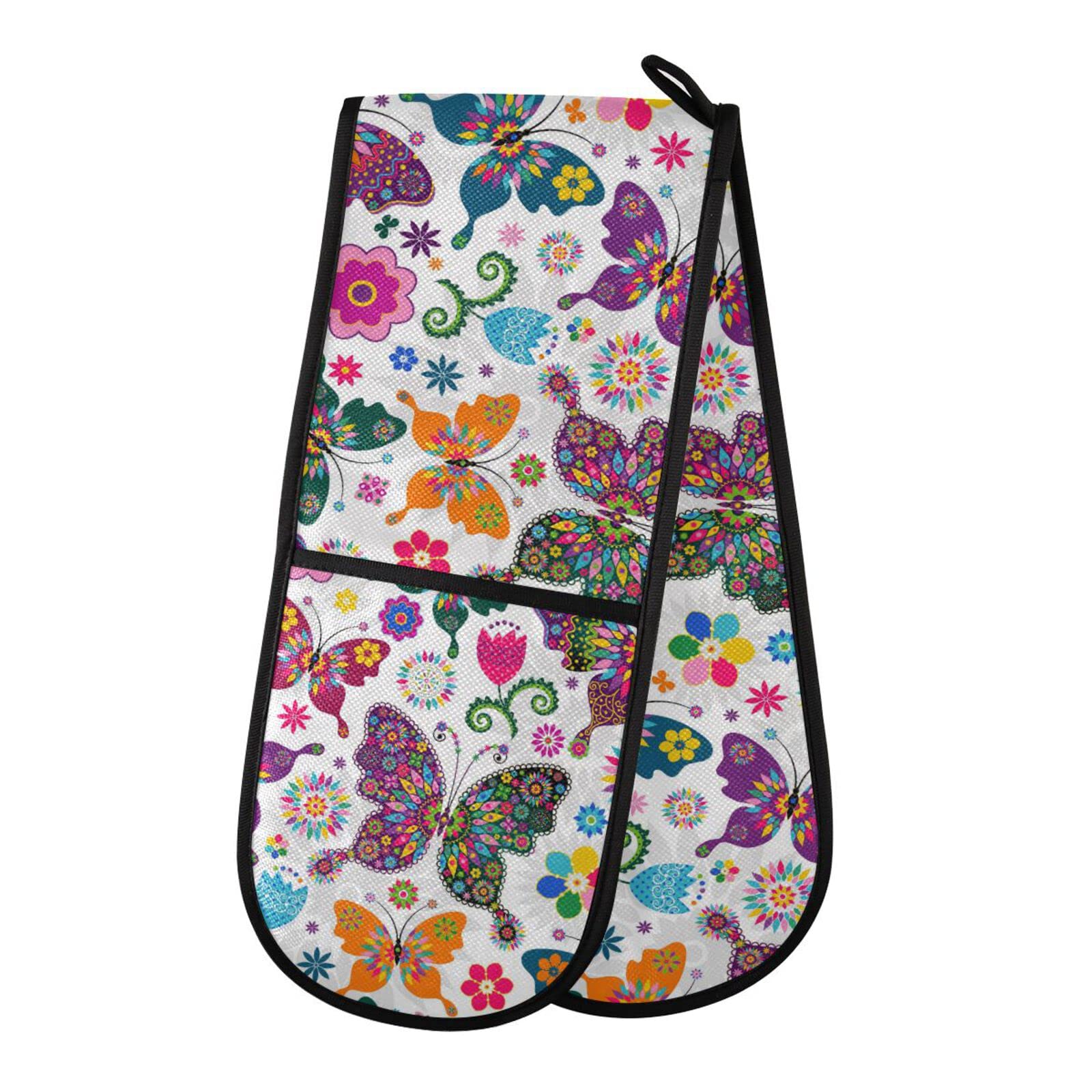 Double Oven Glove Floral Butterfly Heat Resistant Double Ovens Mitt Modern Cooking Gloves Potholders