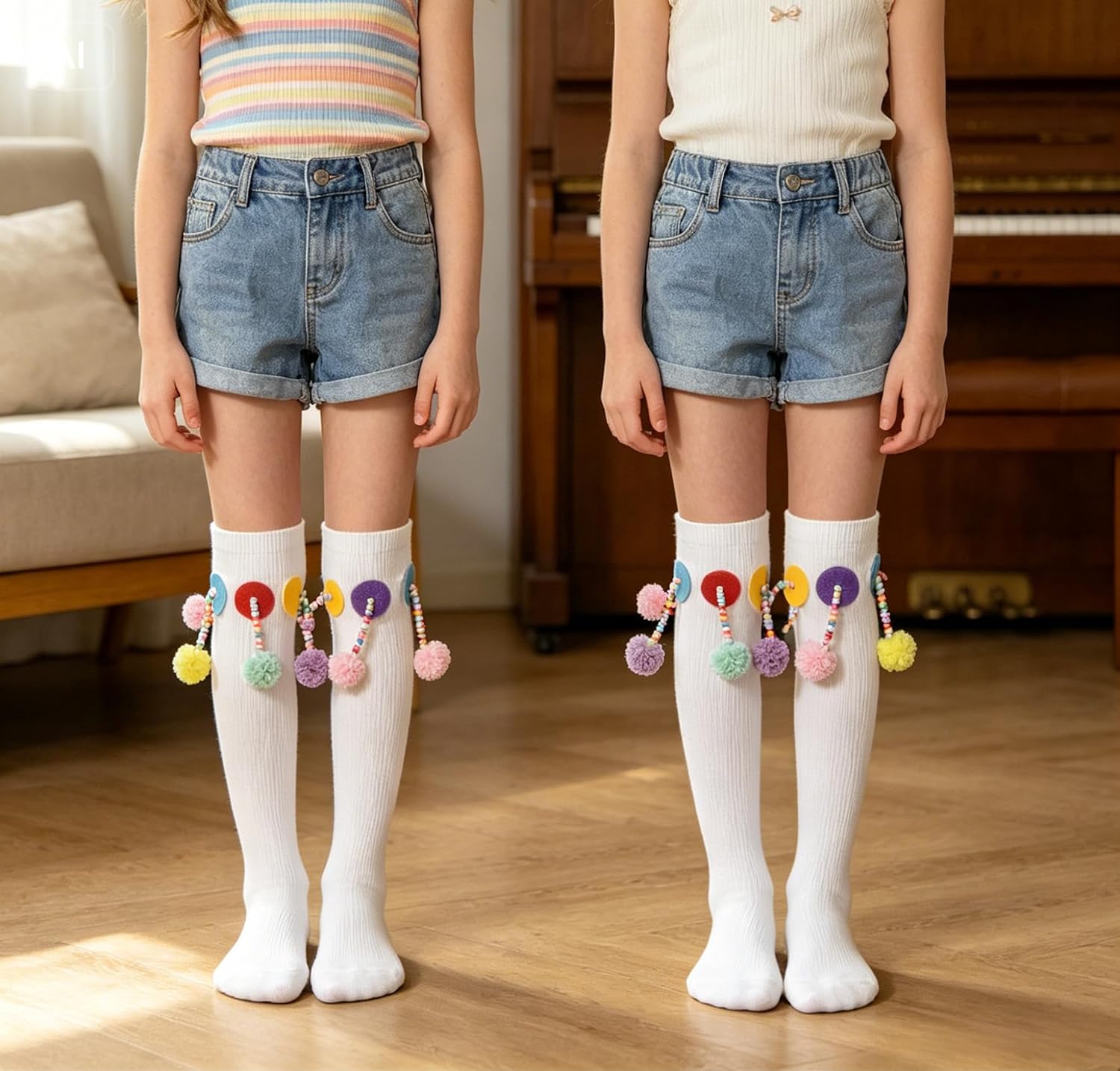 Girls' White Knee High Socks with Colorful Pom Pom and Bead Trim, Ribbed, Ages 3-9 Little Girls Decorative Socks, Soft Breathable Casual Home Socks Gift Sock, 1 Pair