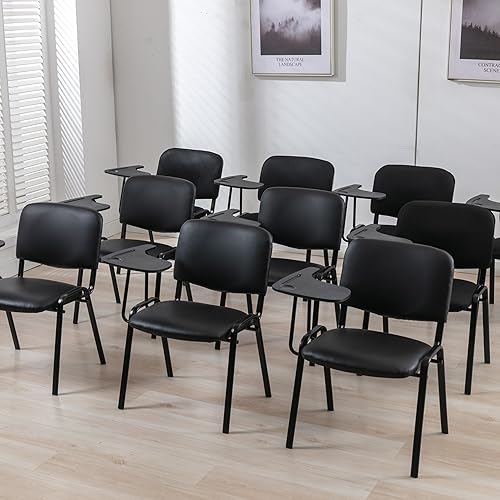Miniatura 5 de Sillas de recepción de cuero de vinilo con escritorio adjunto, sillas apilables negras para sala de espera, silla de aula negra para estudiantes,
