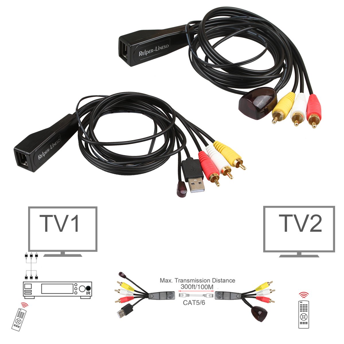 Relper-Lineso TV 3 RCA A/V and USB IR Remote Control Extender Kit Over CAT5/6 for Controlling DVD/Set-Top Box from Another Room (A/V 3RCA + USB IR Extender with Power)