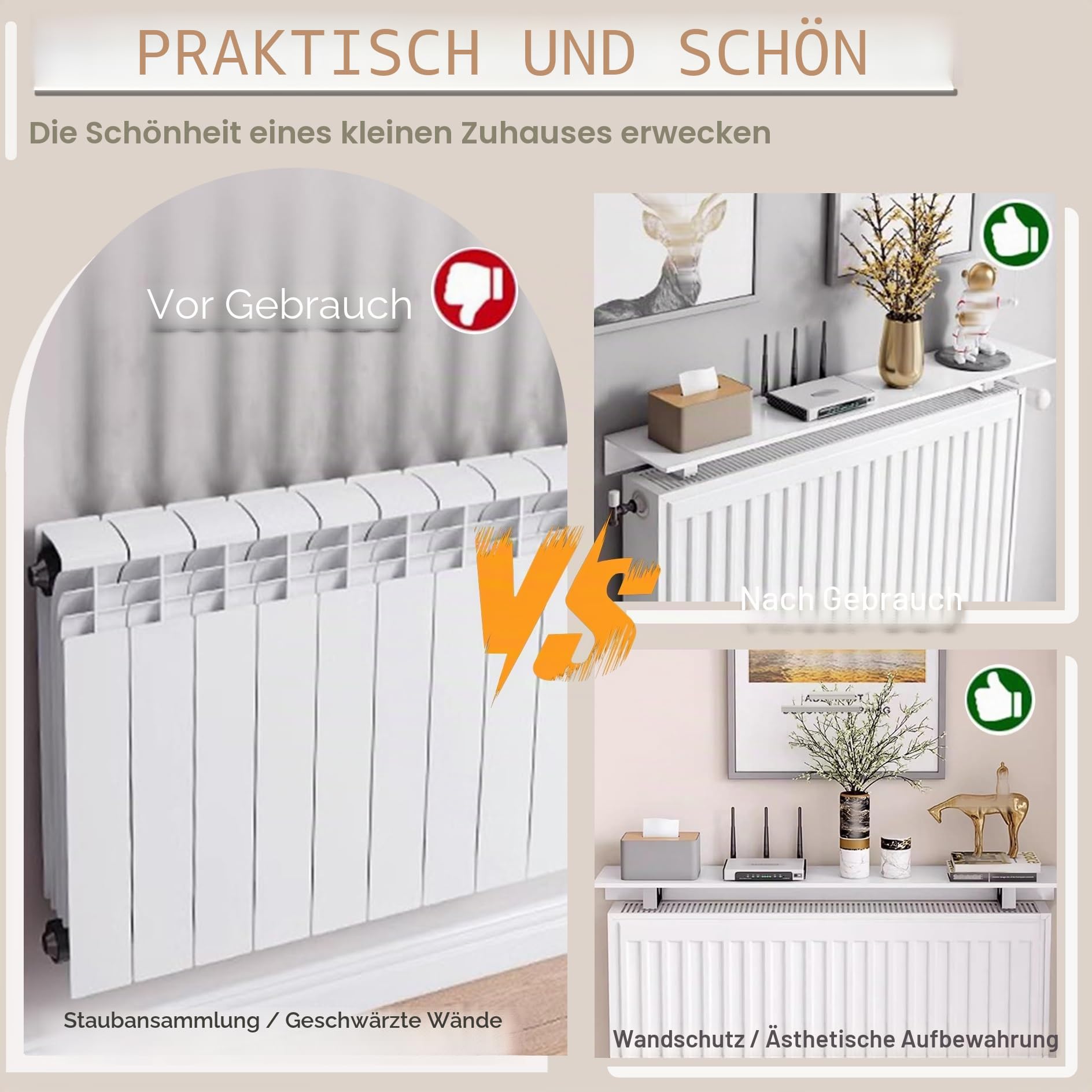 Heizkörperregal Ohne Bohren,15cm Tief Heizungsregal,Regal für Heizkörper,Heizung Ablage,Weiße Heizungsabdeckung aus Aluminium für Zuhause,Tragkraft 30kg,für Aufbewahrung und Dekoration(80cm)