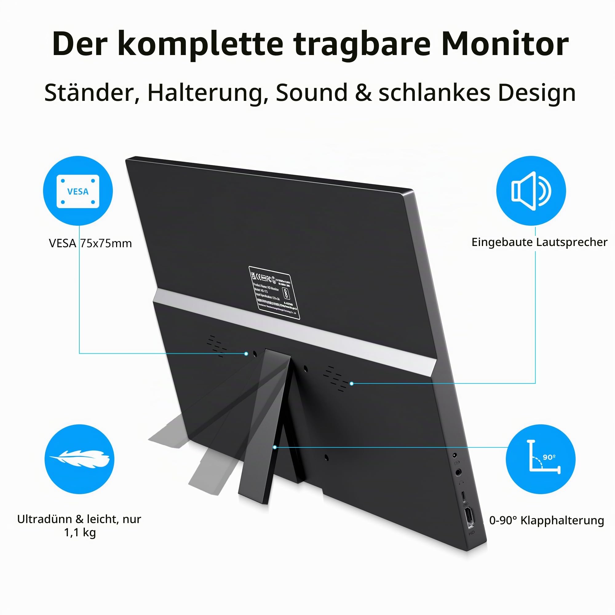 Thinlerian 17,3 Zoll Tragbar Monitor, 1600 x 900 HD Bildschirm mit USB-C und HDMI, Zwei Lautsprechern, als externes Display oder zweiter Bildschirm für Laptop, PC und Smartphone