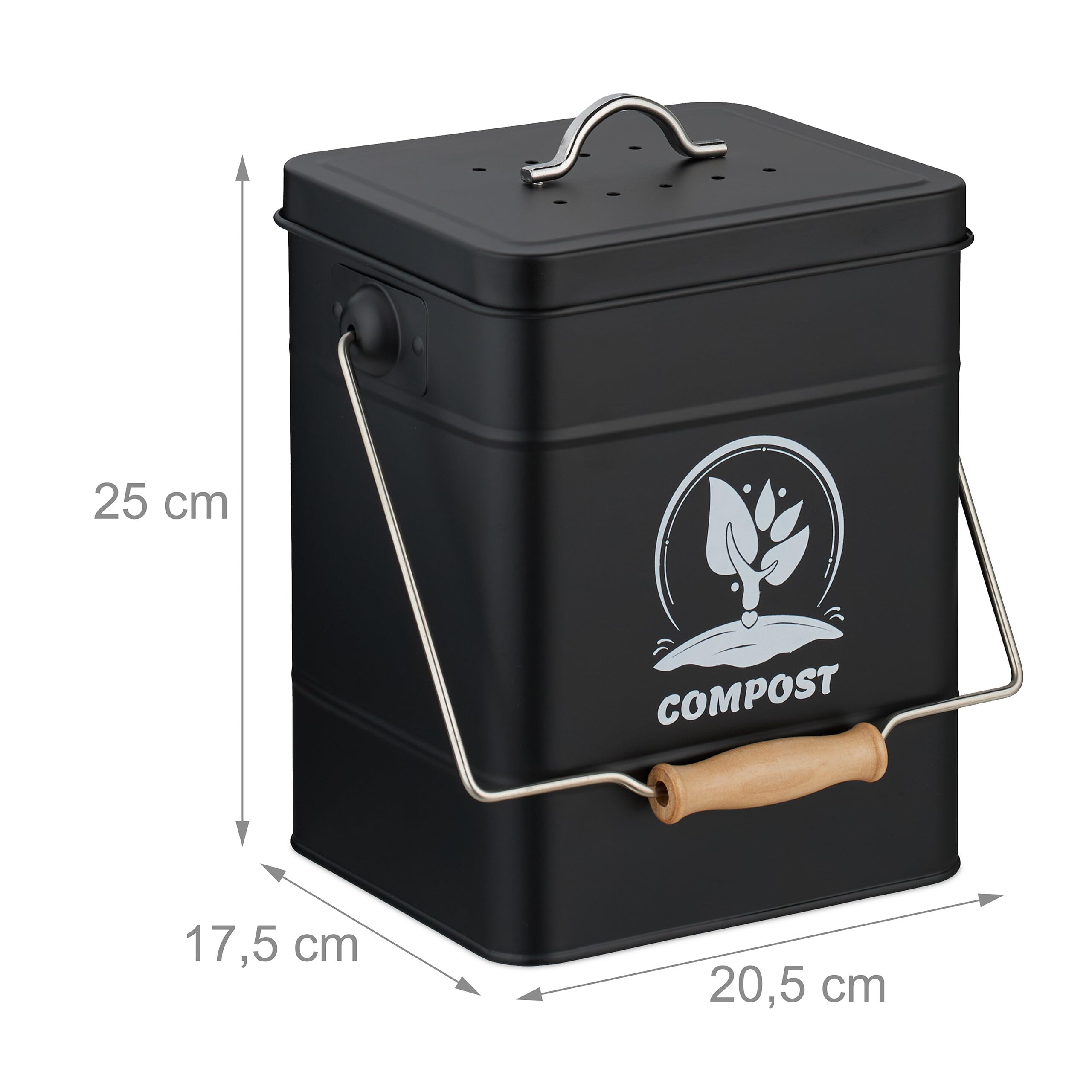 Relaxdays Compostera Cocina 6 L con Tapa y Filtro Olores, Cubo Compostaje Basura Orgánica, Acero Inoxidable, Negro