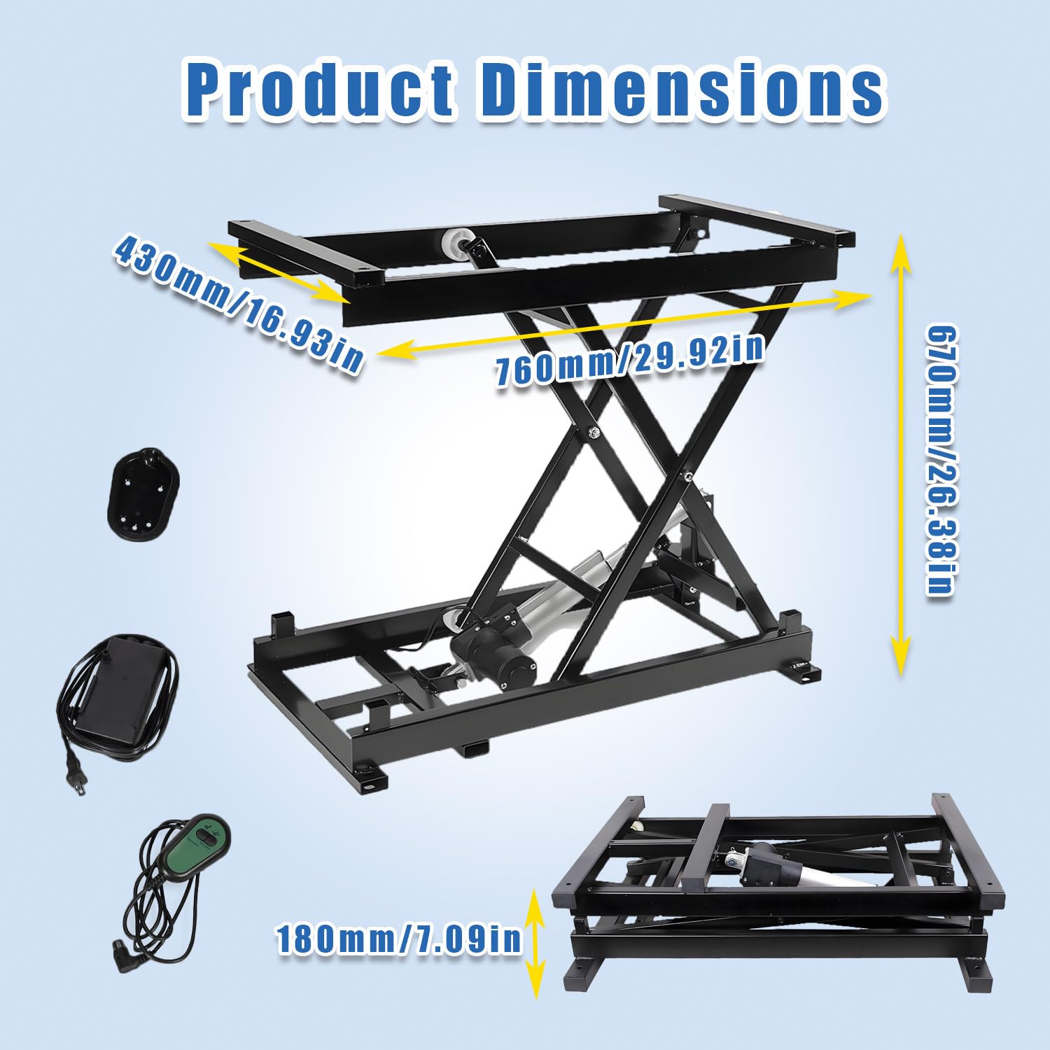 Elektryczny podnośnik nożycowy, hydrauliczny podnośnik, nośność 60 kg, składana platforma podnosząca do transportu materiałów i transportu, kompaktowa konstrukcja 180 x 670 mm
