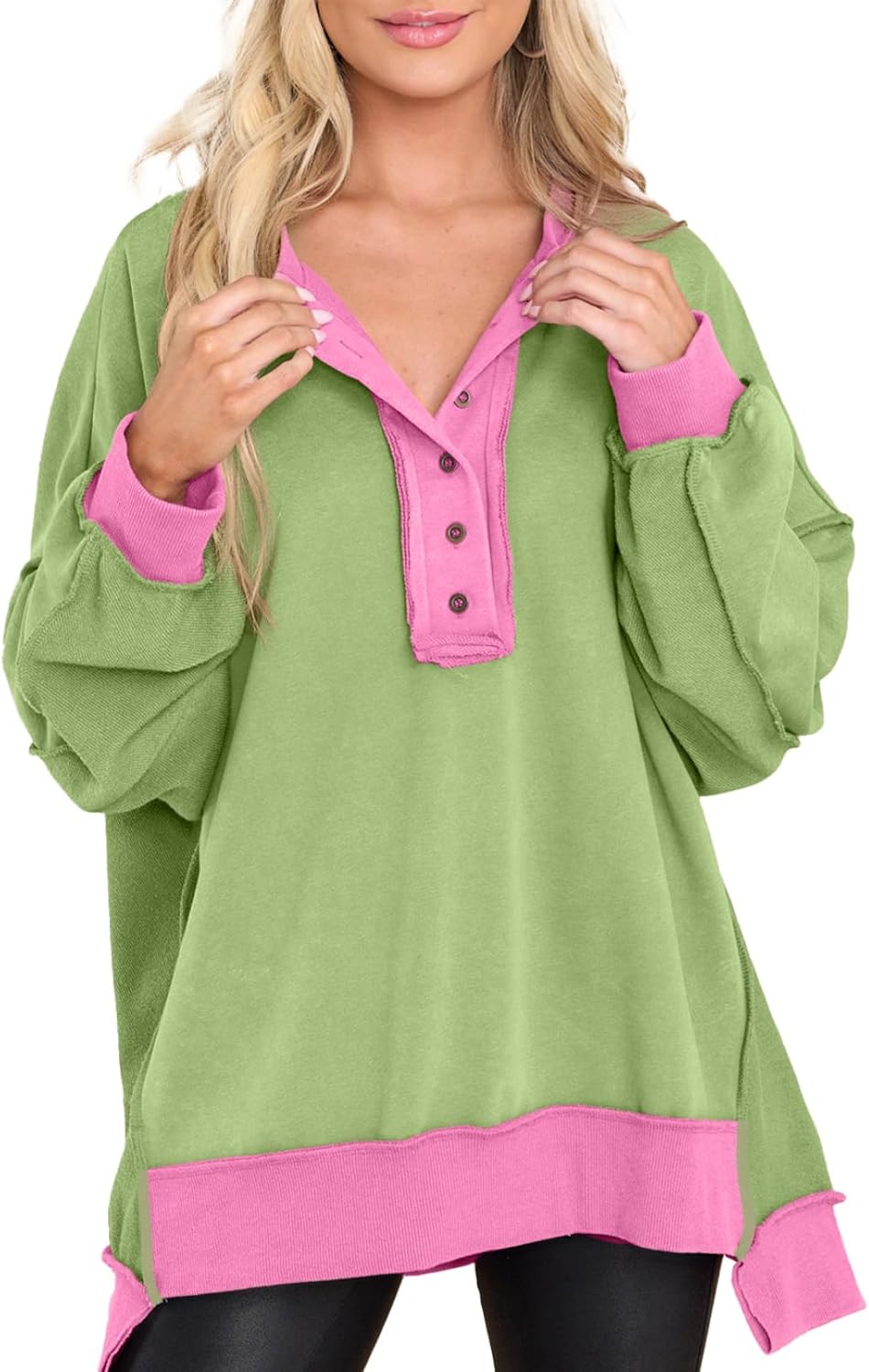 AlvaQ Sweatshirt for Women Oversized Casual Long Sleeve Button Henley Neck Pullover Tunic Tops Fall Fashion Outfits